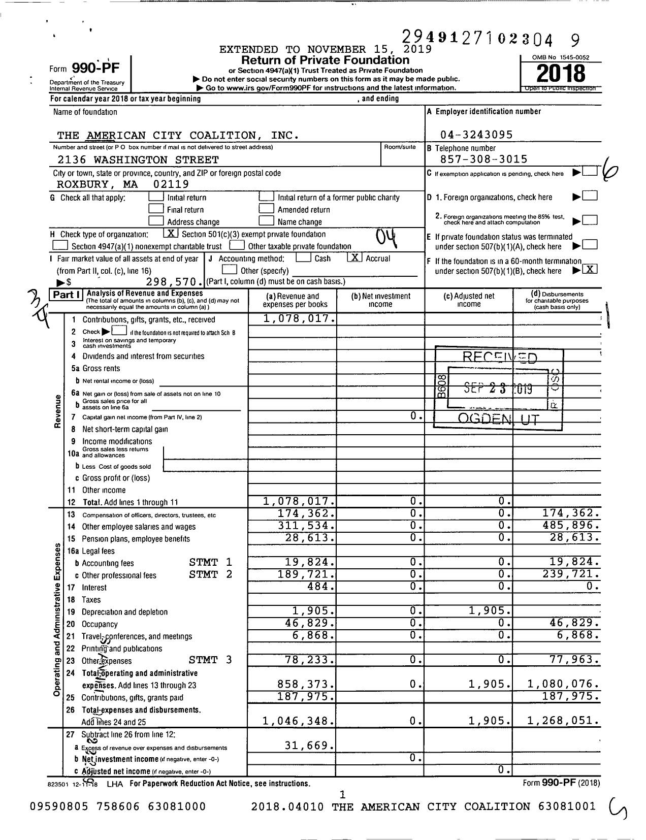 Image of first page of 2018 Form 990PF for The American City Coalition