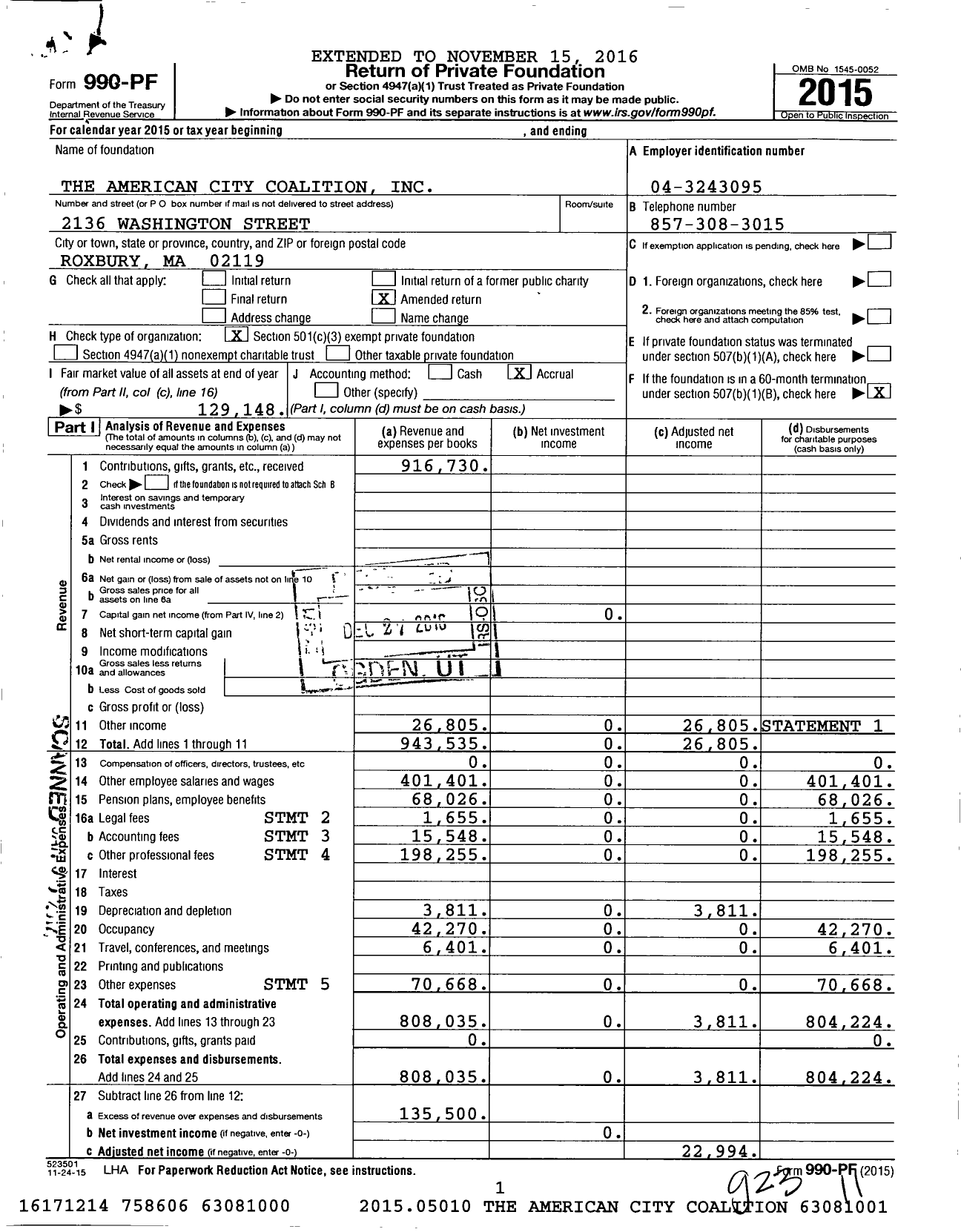 Image of first page of 2015 Form 990PF for The American City Coalition