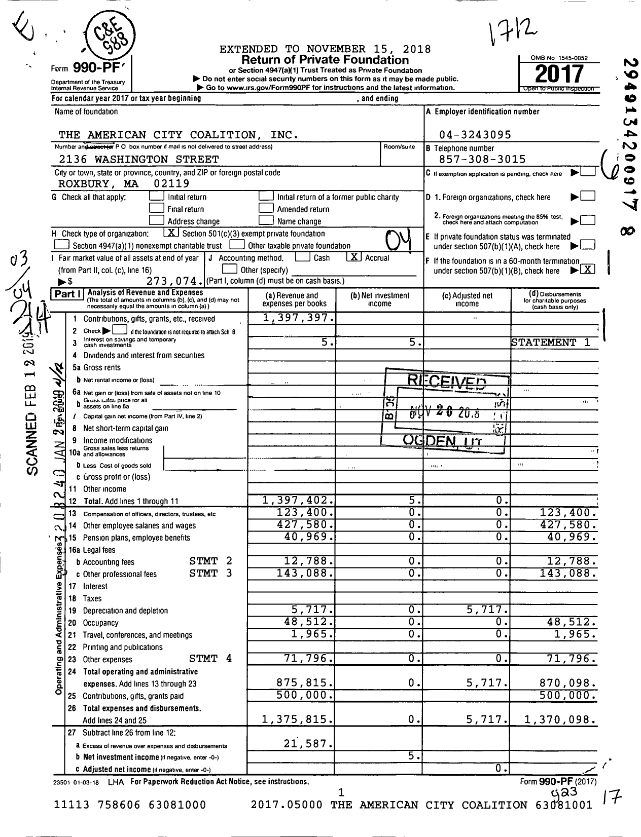 Image of first page of 2017 Form 990PF for The American City Coalition