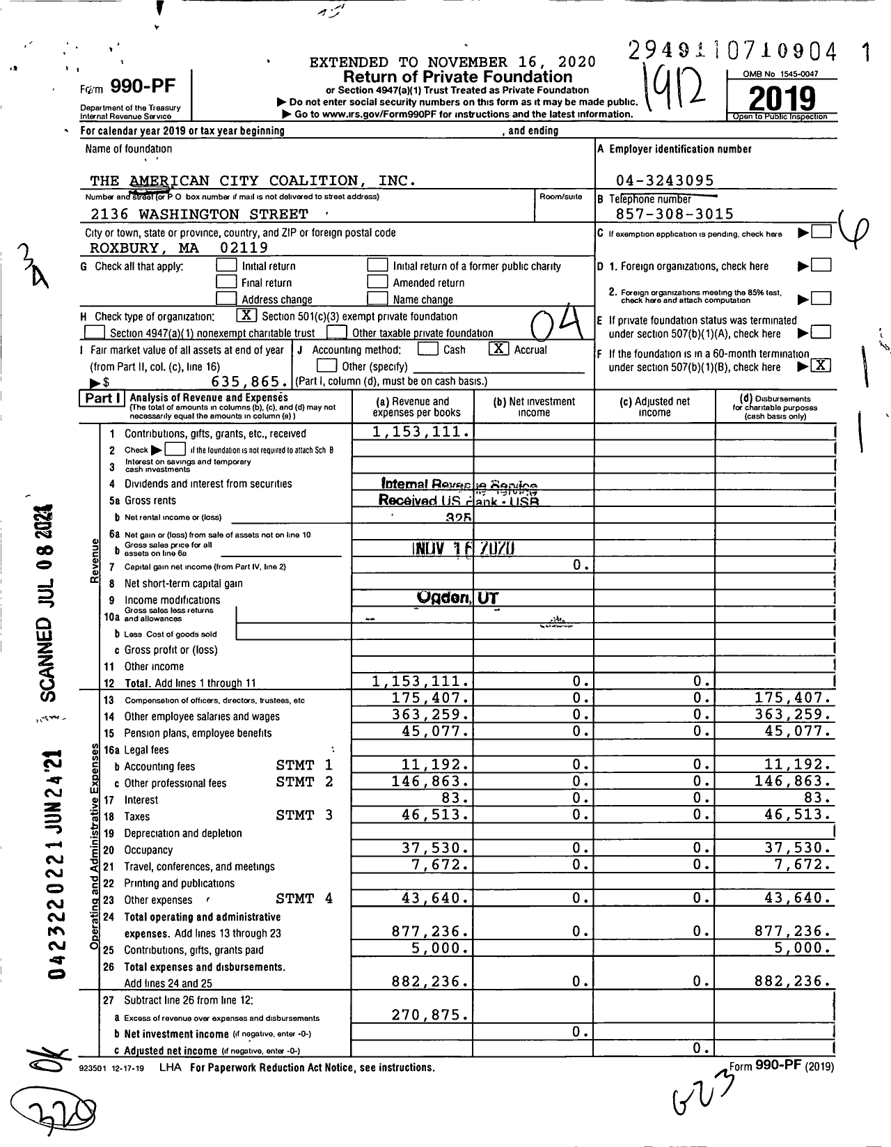 Image of first page of 2019 Form 990PF for The American City Coalition