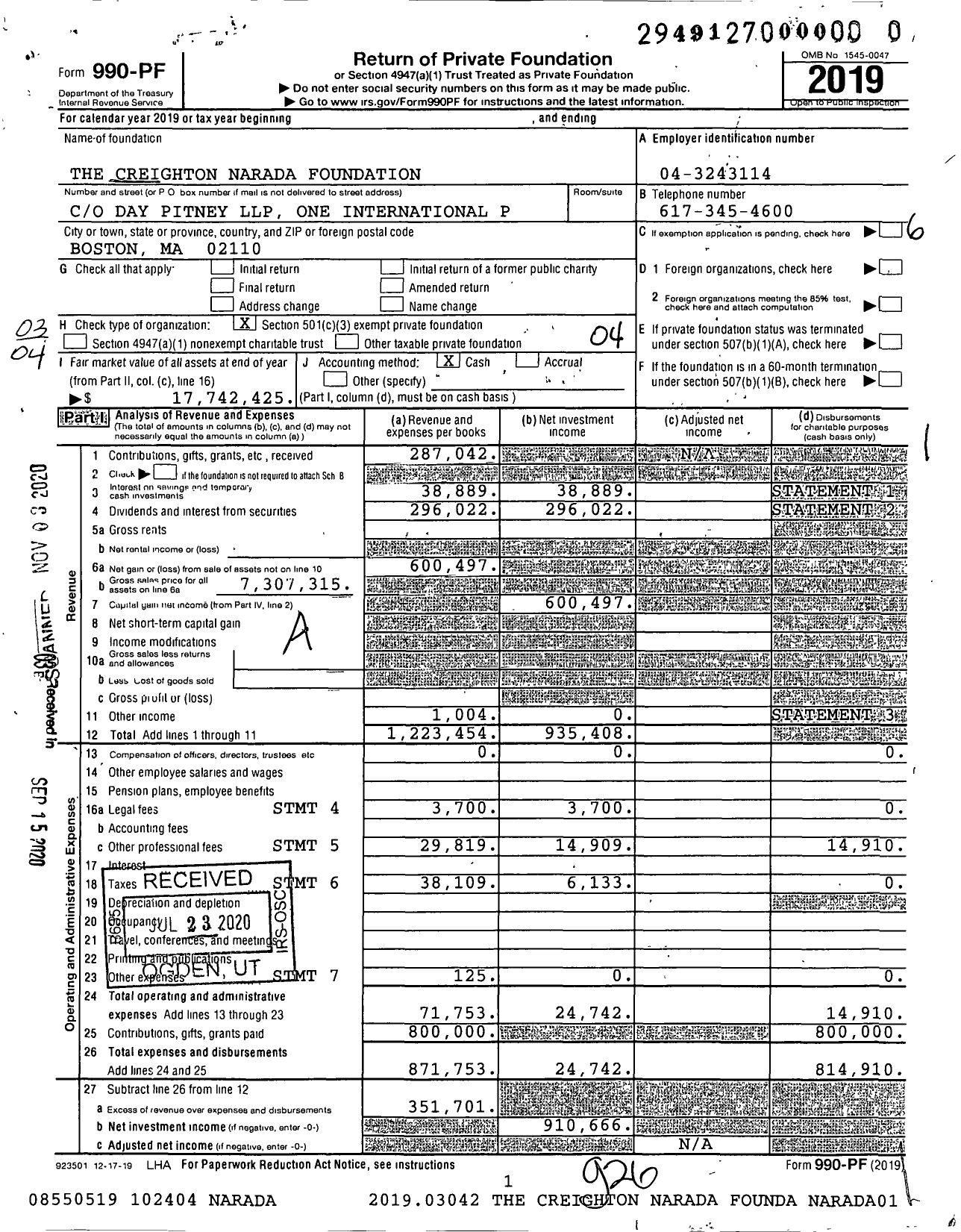 Image of first page of 2019 Form 990PF for The Creighton Narada Foundation