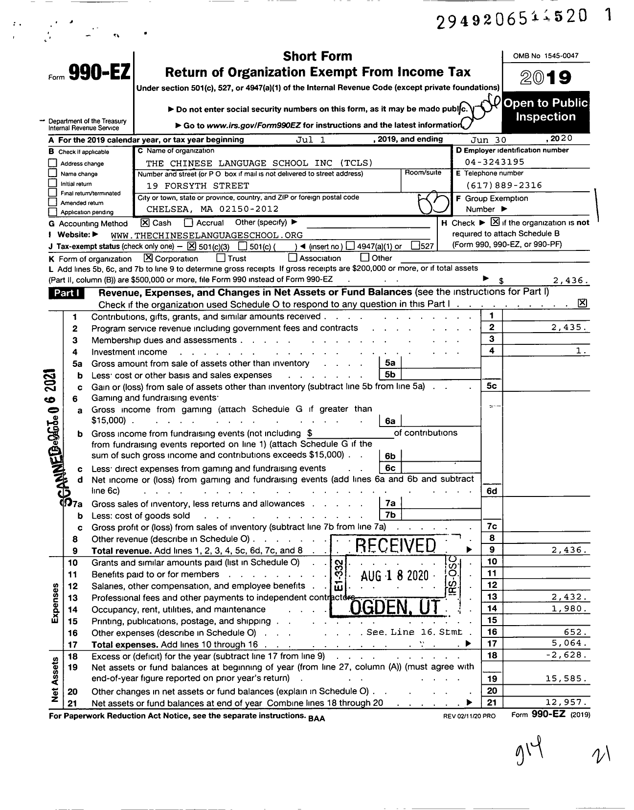 Image of first page of 2019 Form 990EZ for Chinese Language School (TCLS)