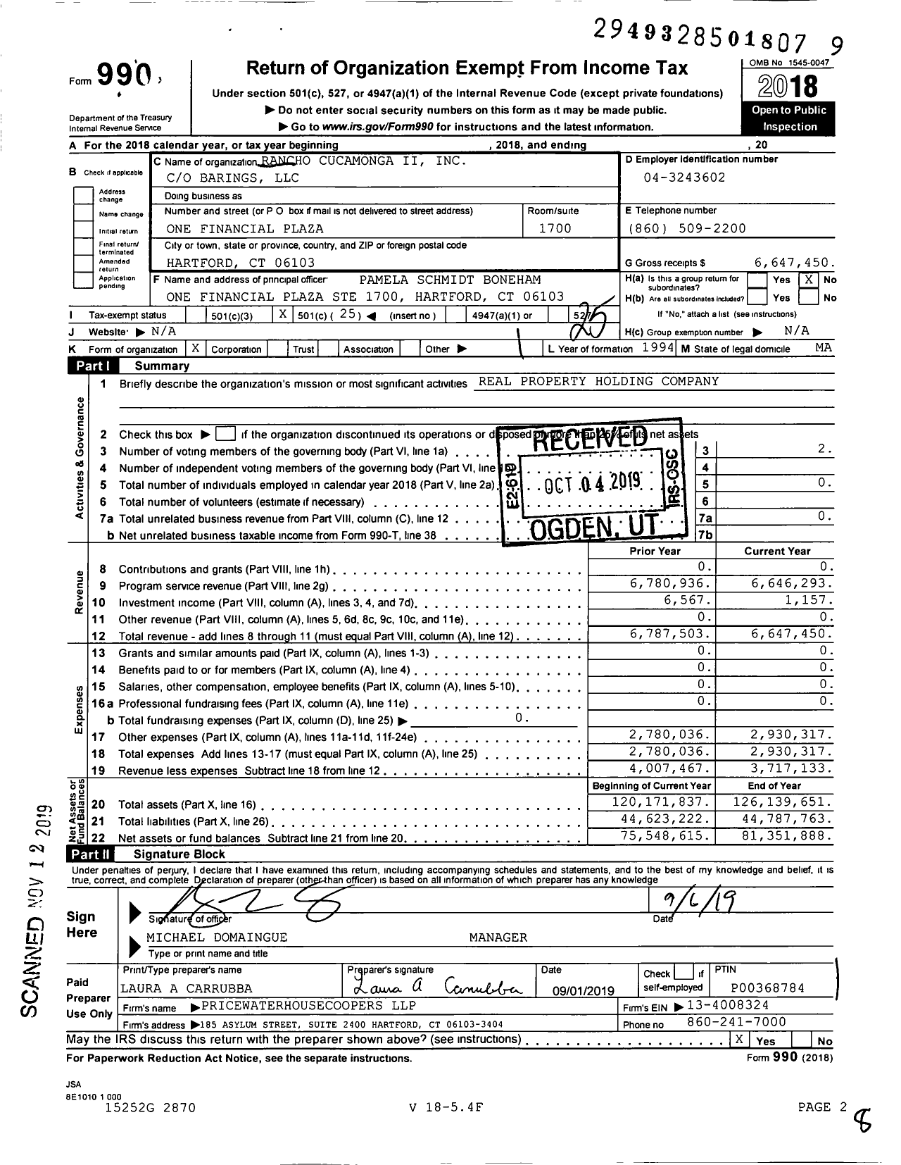 Image of first page of 2018 Form 990O for Rancho Cucamonga II
