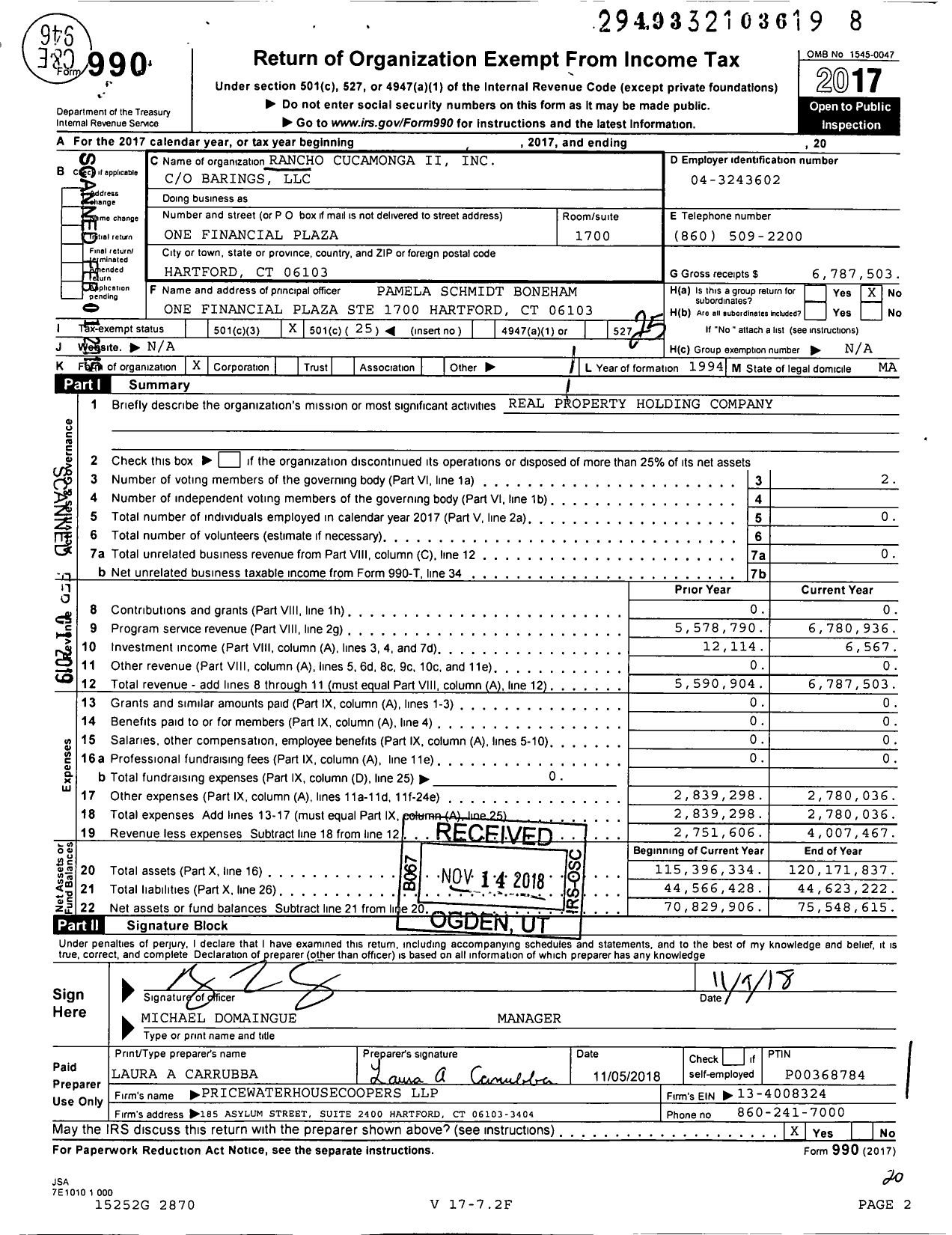 Image of first page of 2017 Form 990O for Rancho Cucamonga II