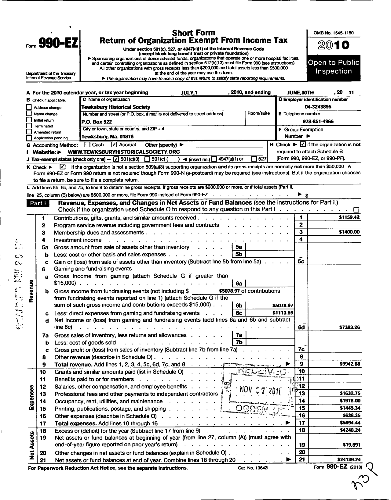 Image of first page of 2010 Form 990EZ for Tewksbury Historical Society