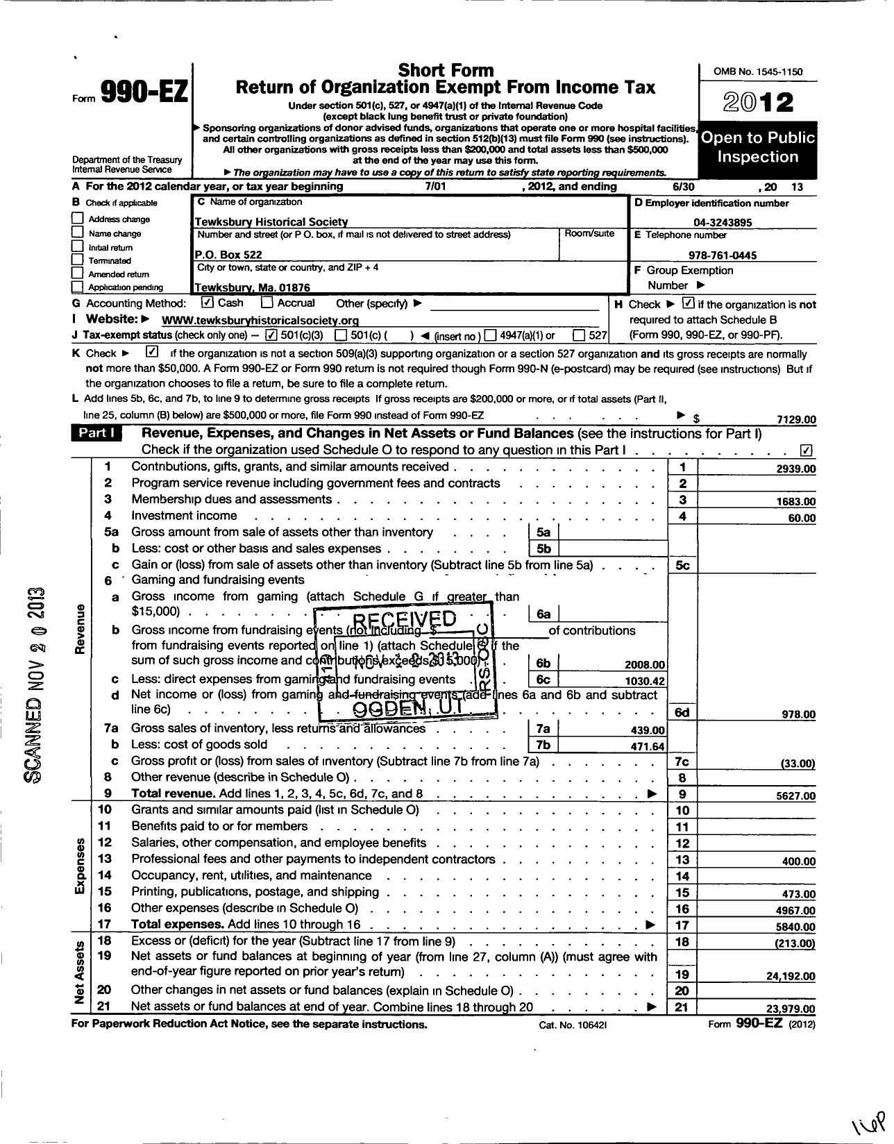 Image of first page of 2012 Form 990EZ for Tewksbury Historical Society