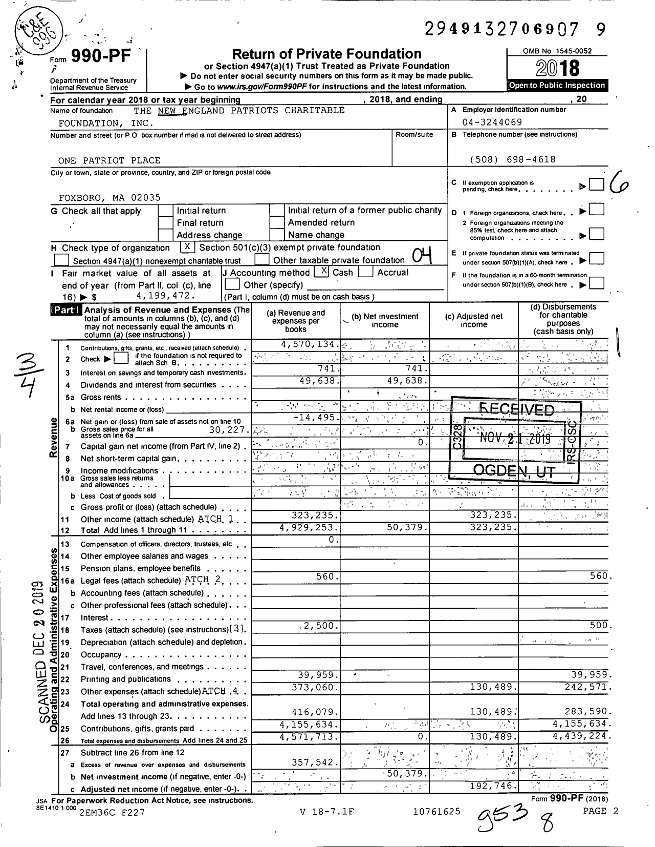 Image of first page of 2018 Form 990PF for The New England Patriots Charitable Foundation