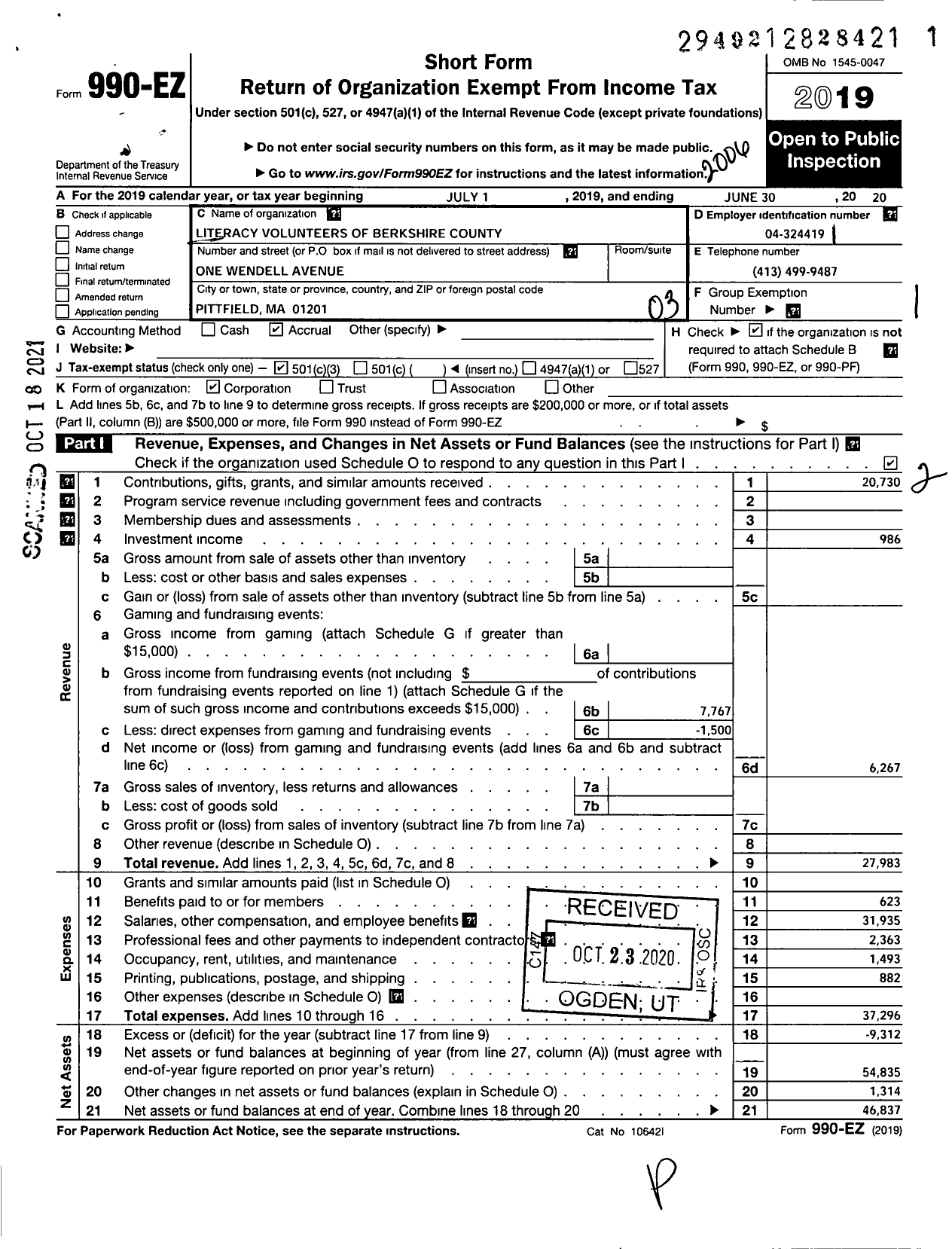 Image of first page of 2019 Form 990EZ for Literacy Volunteers of Berkshire County