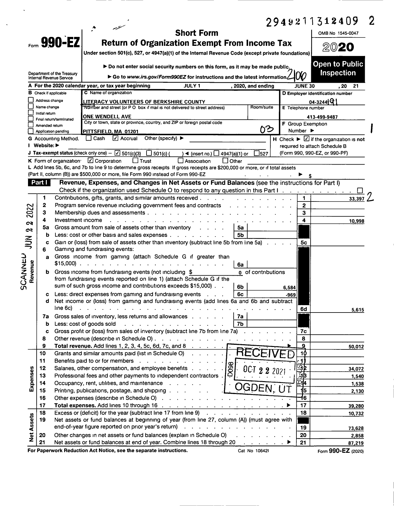 Image of first page of 2020 Form 990EZ for Literacy Volunteers of Berkshire County