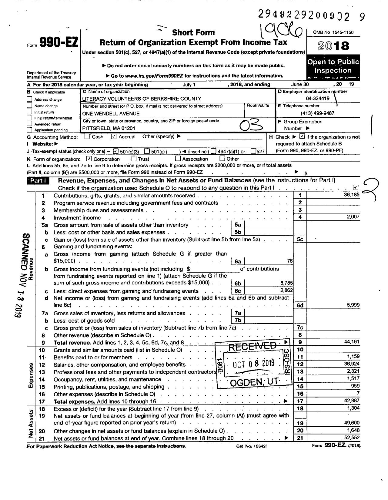 Image of first page of 2018 Form 990EZ for Literacy Volunteers of Berkshire County