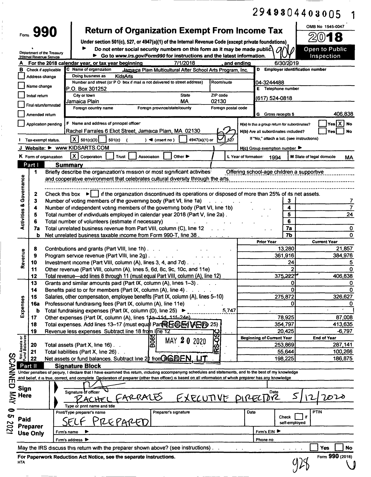 Image of first page of 2018 Form 990 for Jpkidsarts