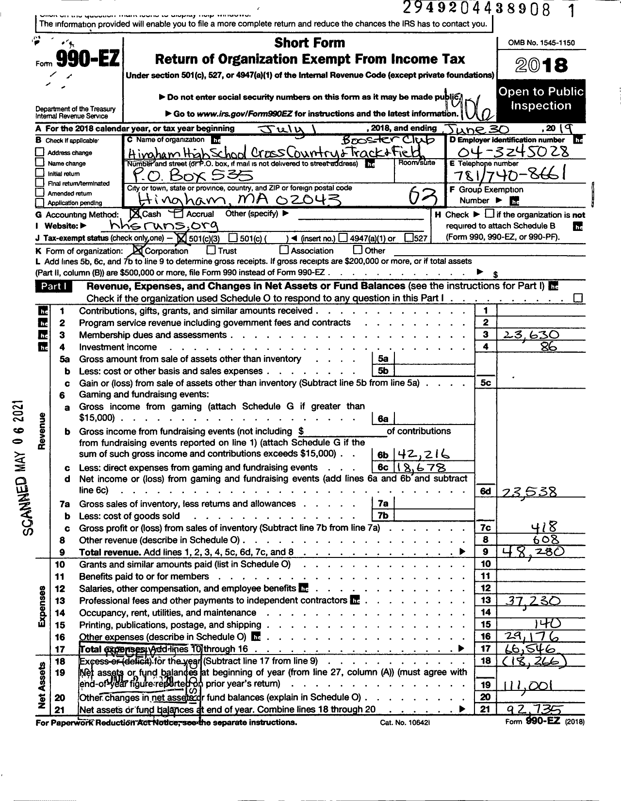 Image of first page of 2018 Form 990EZ for The Hingham High School Cross Country Boosters