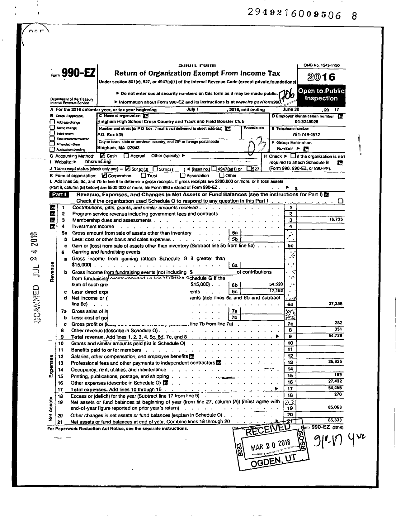 Image of first page of 2016 Form 990EZ for The Hingham High School Cross Country Boosters