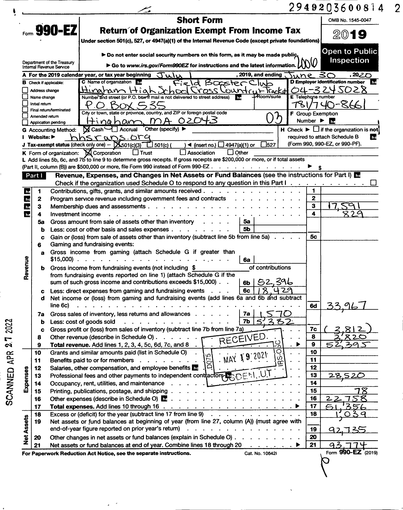 Image of first page of 2019 Form 990EZ for The Hingham High School Cross Country Boosters