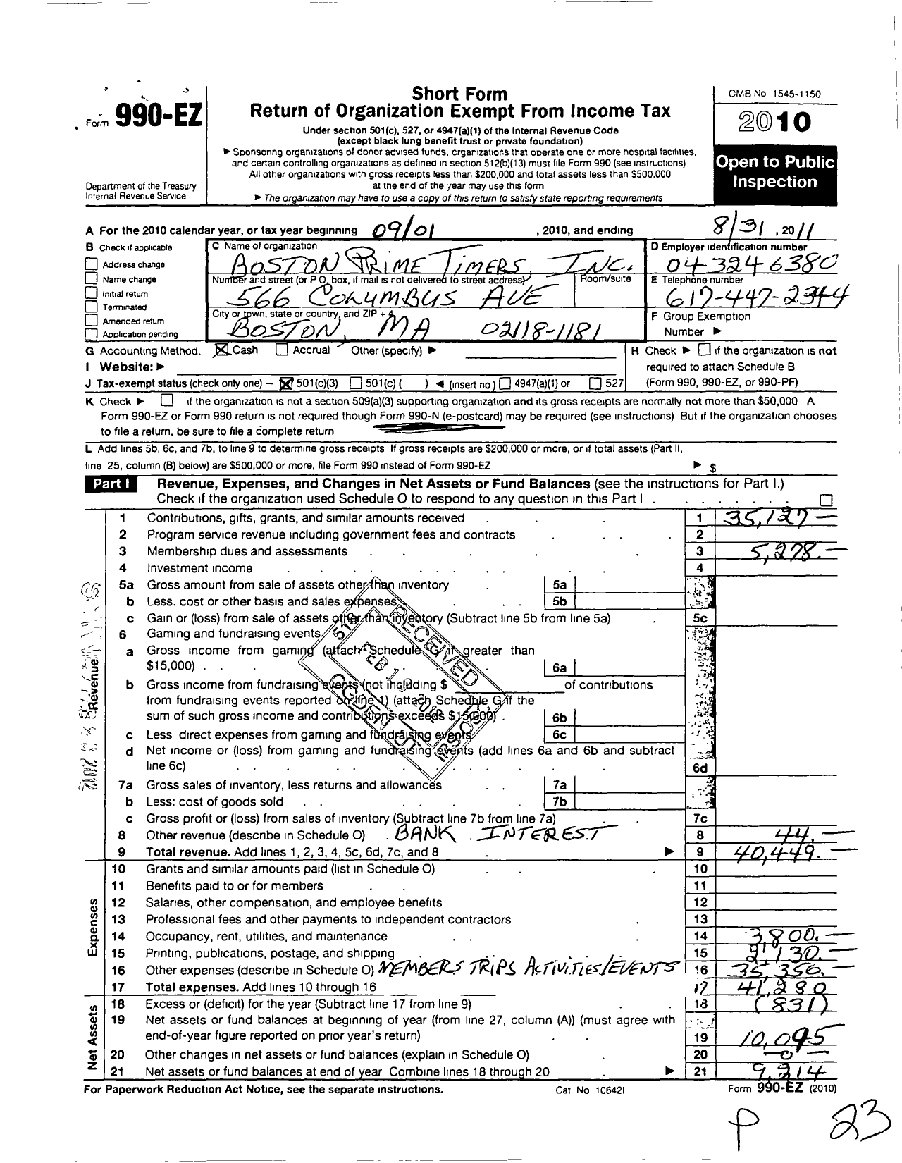 Image of first page of 2010 Form 990EZ for Boston Prime Timers