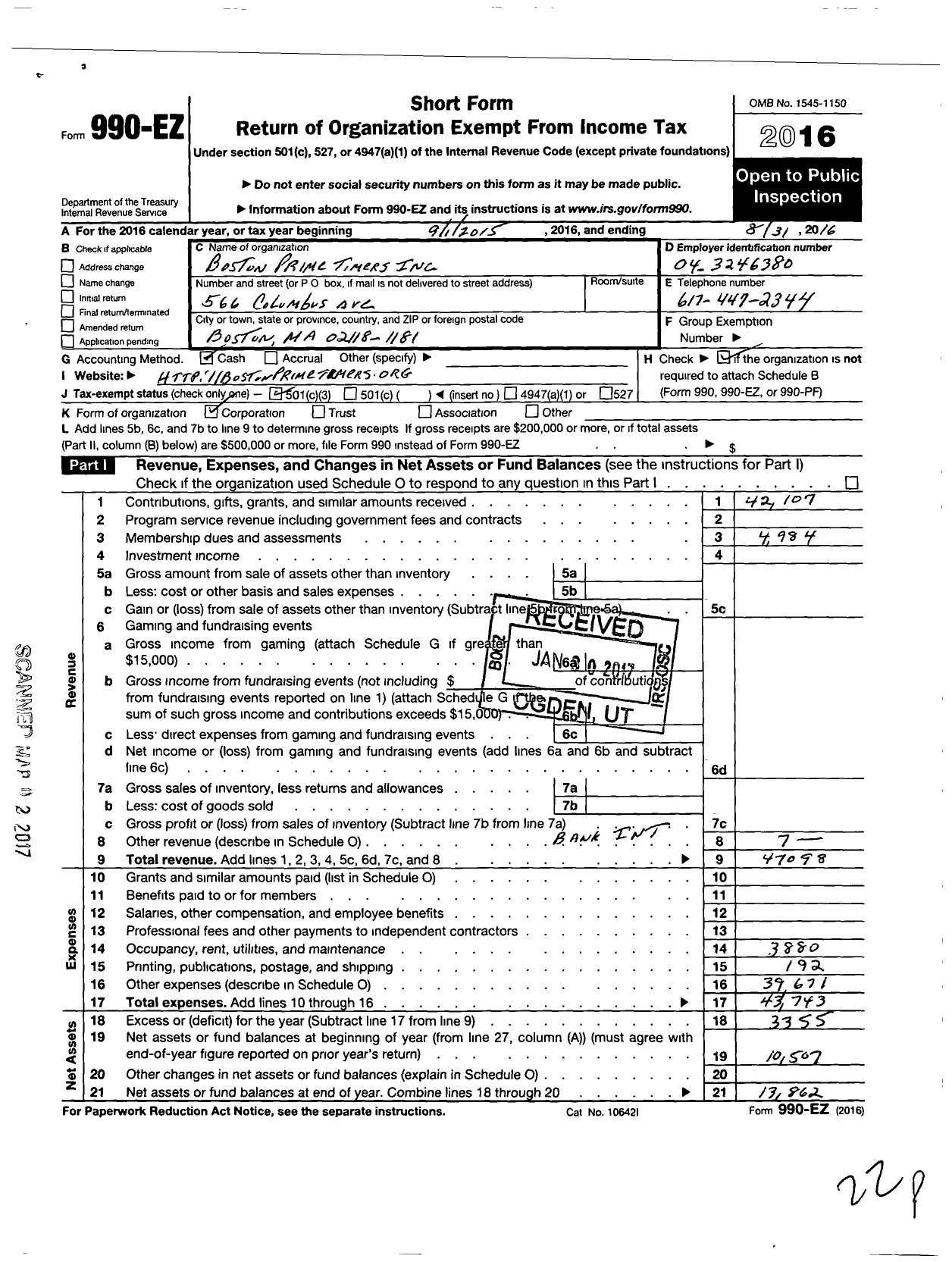 Image of first page of 2015 Form 990EZ for Boston Prime Timers