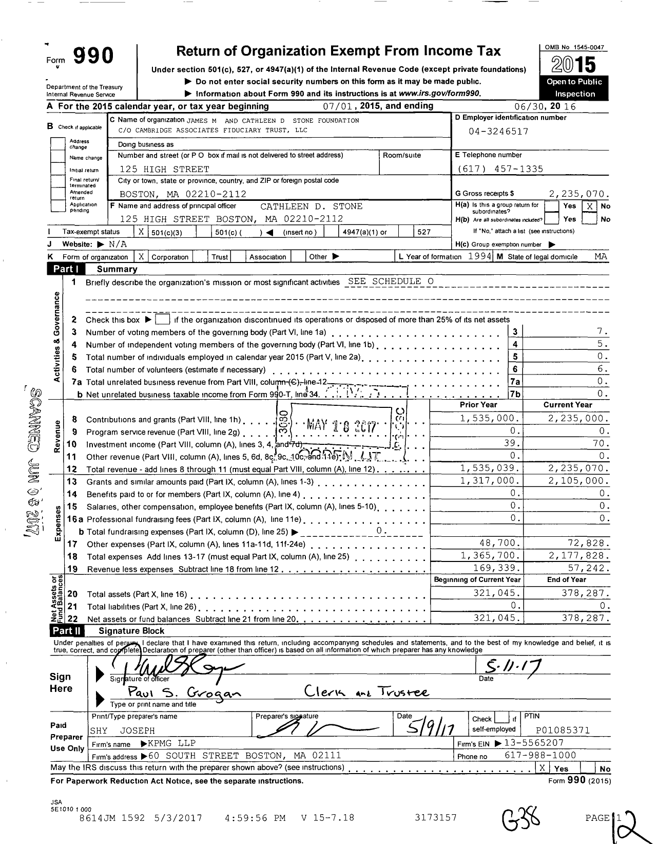 Image of first page of 2015 Form 990 for James M and Cathleen D Stone Family Foundation