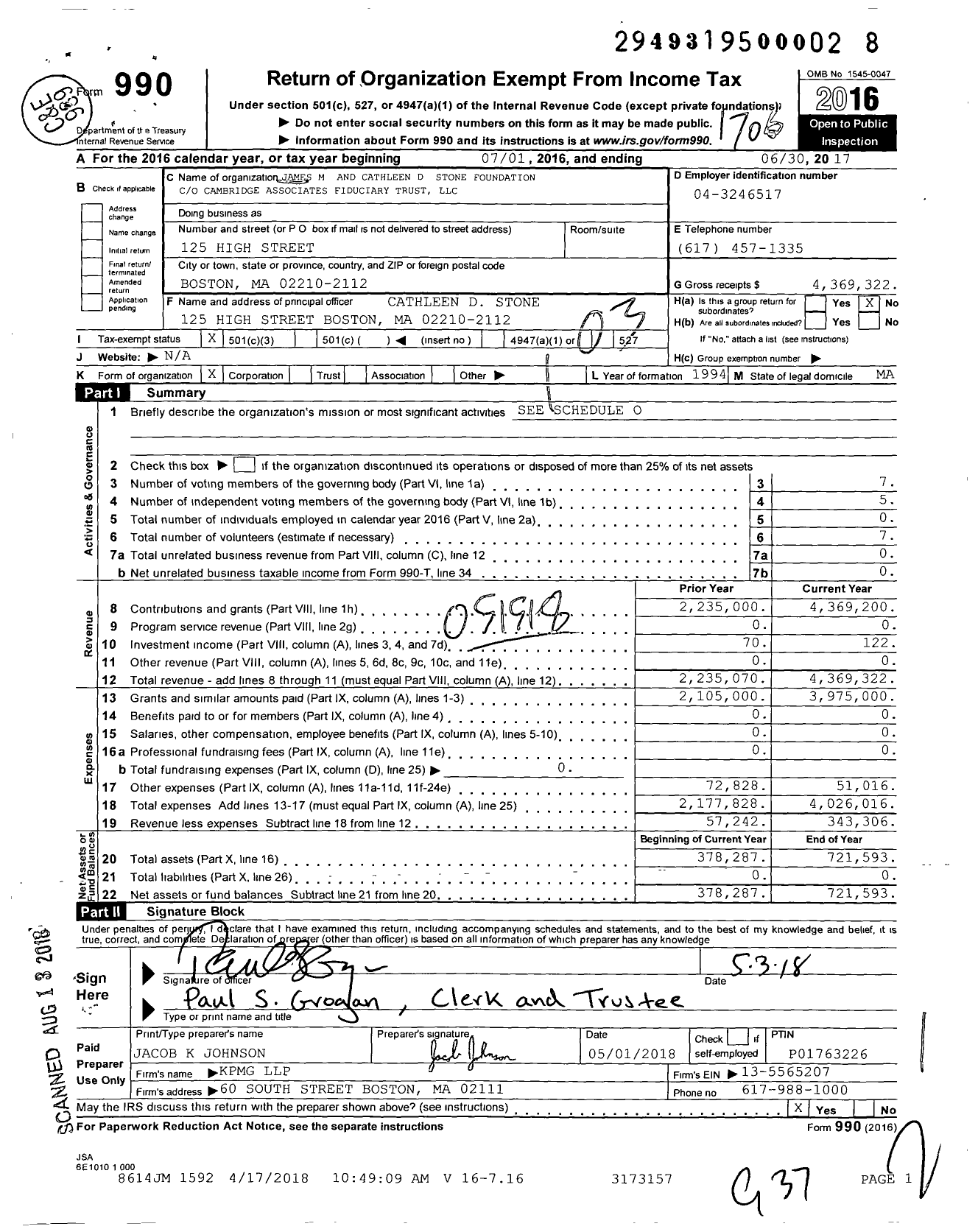 Image of first page of 2016 Form 990 for James M and Cathleen D Stone Family Foundation