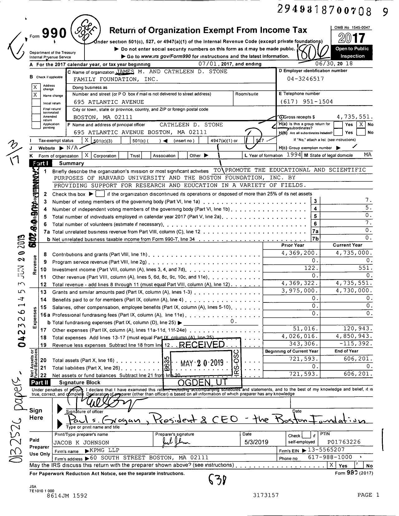 Image of first page of 2017 Form 990 for James M and Cathleen D Stone Family Foundation