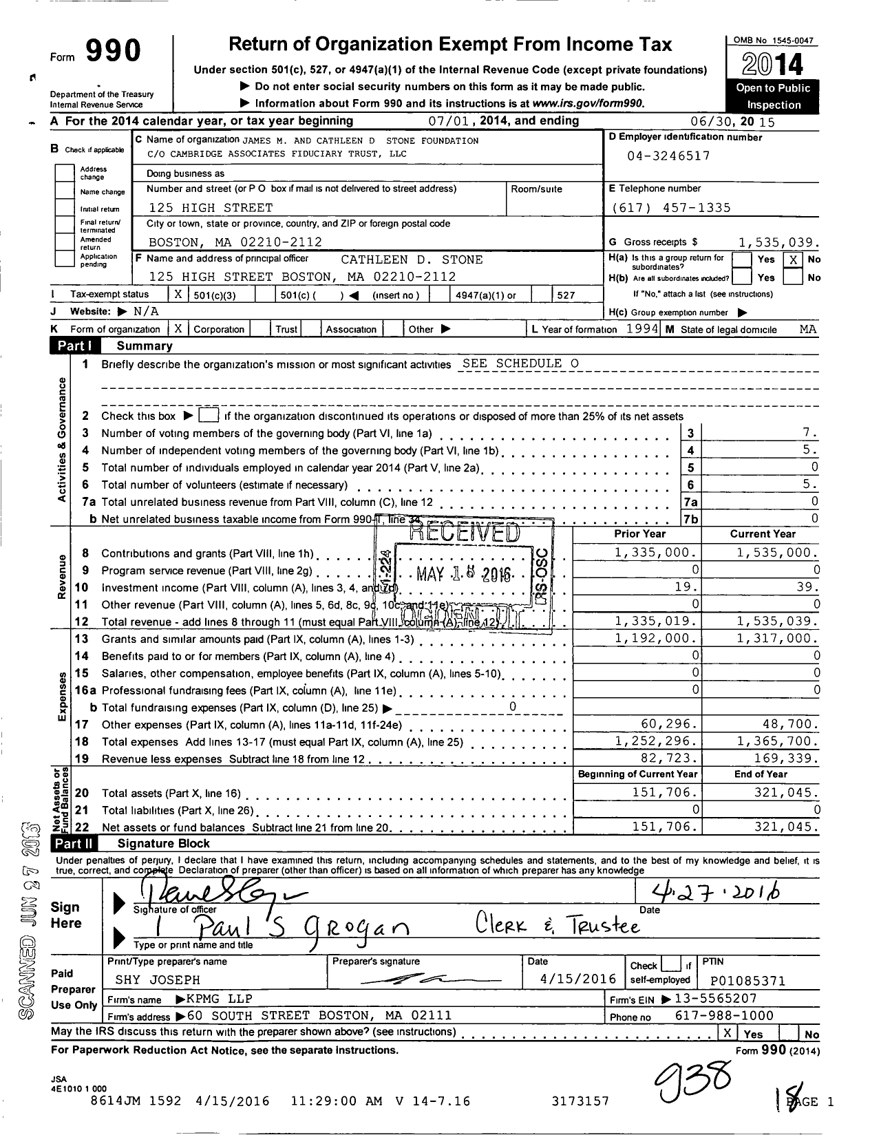 Image of first page of 2014 Form 990 for James M and Cathleen D Stone Family Foundation