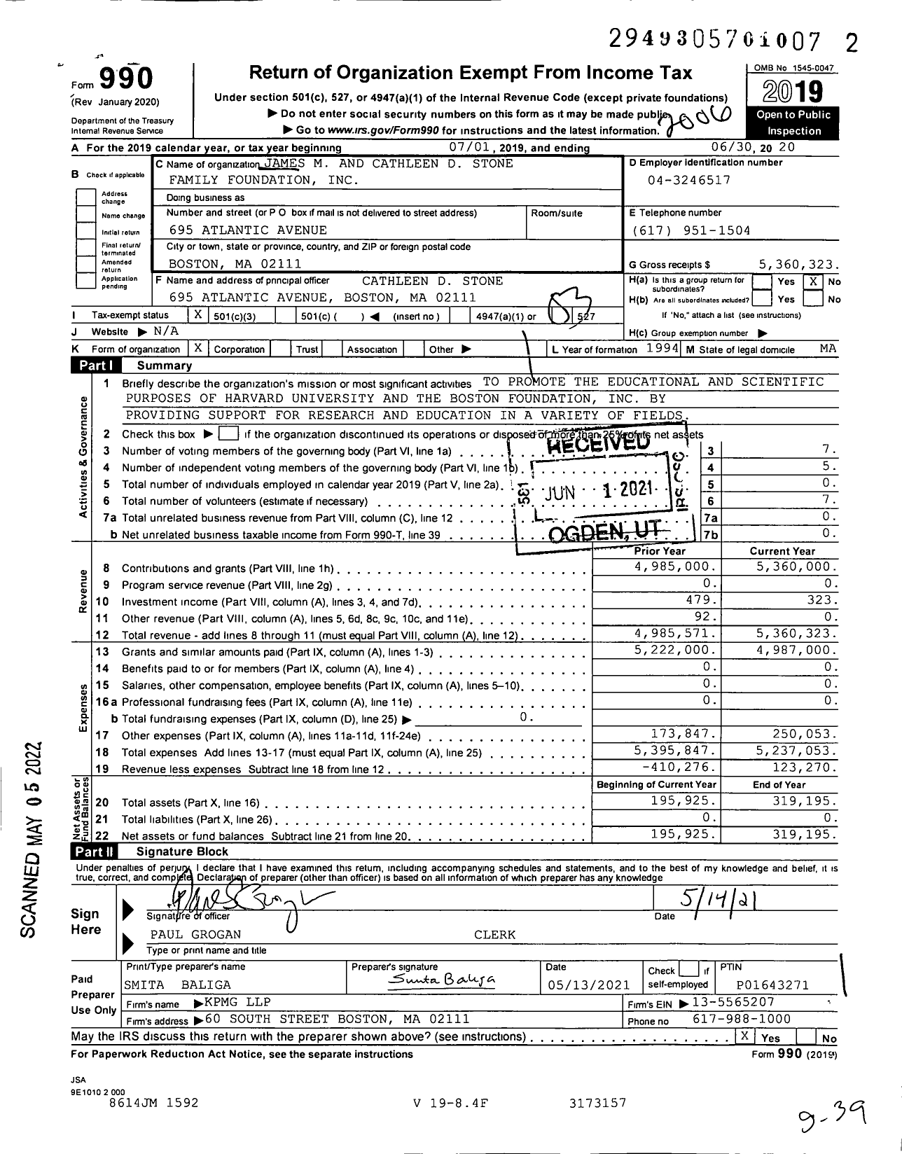 Image of first page of 2019 Form 990 for James M and Cathleen D Stone Family Foundation
