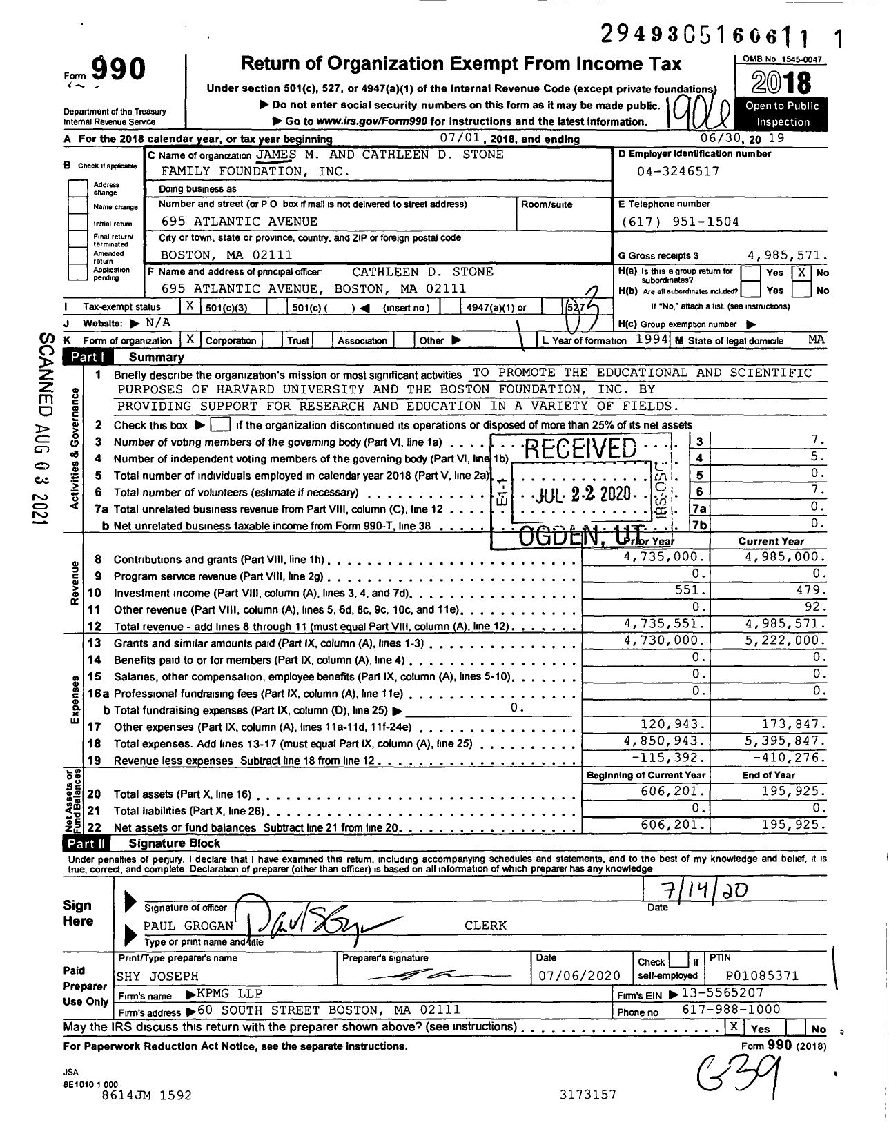 Image of first page of 2018 Form 990 for James M and Cathleen D Stone Family Foundation