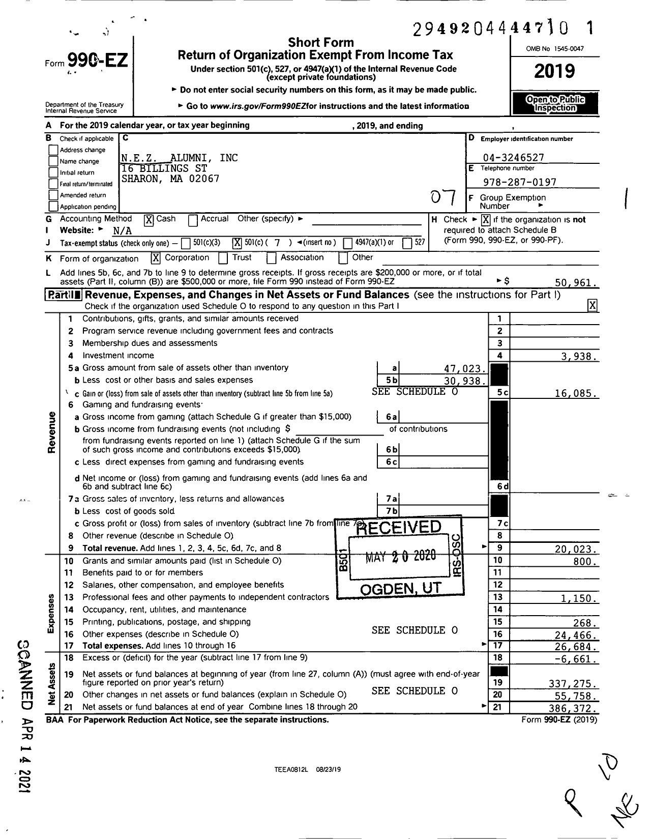 Image of first page of 2019 Form 990EO for Nez Alumni