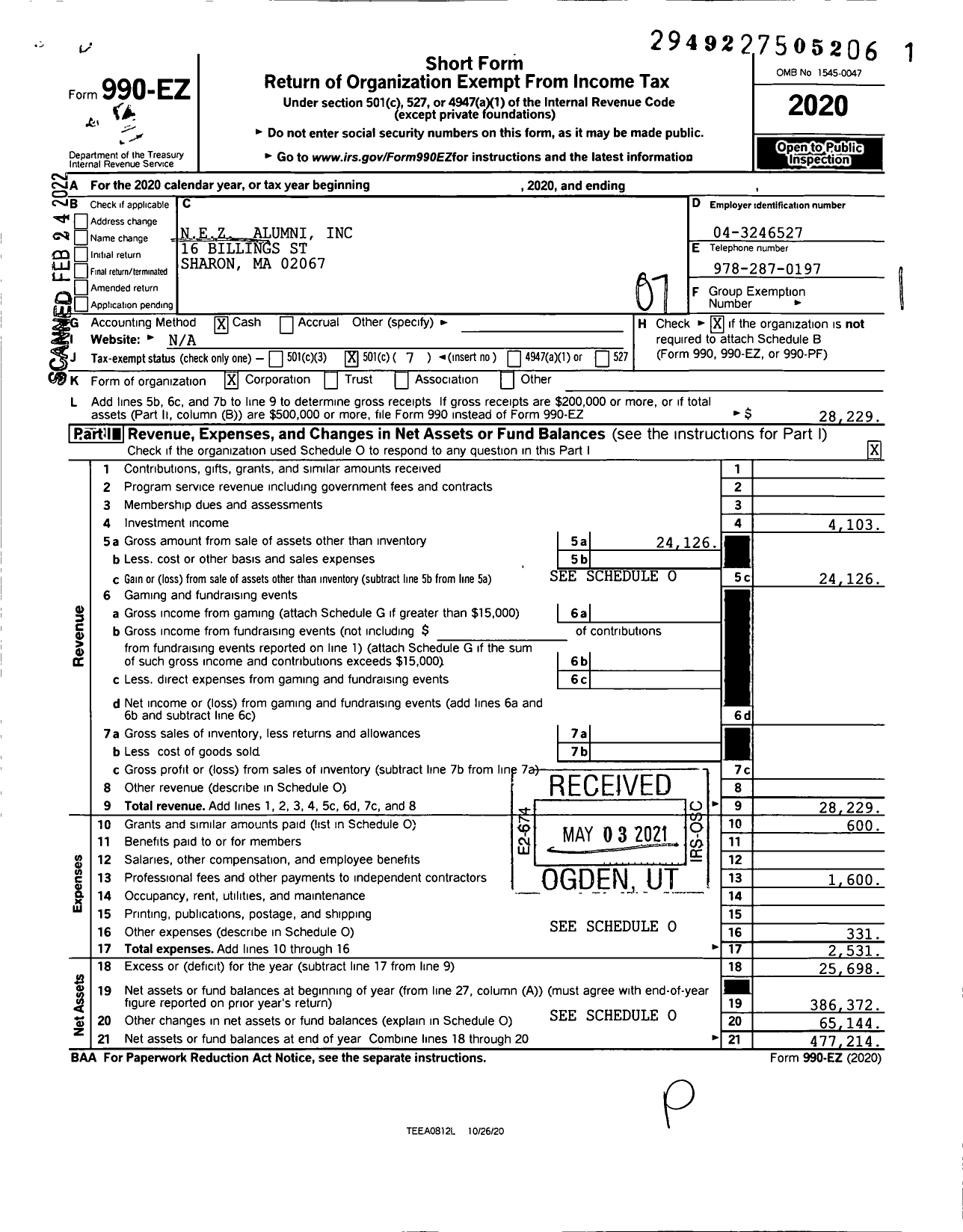 Image of first page of 2020 Form 990EO for Nez Alumni