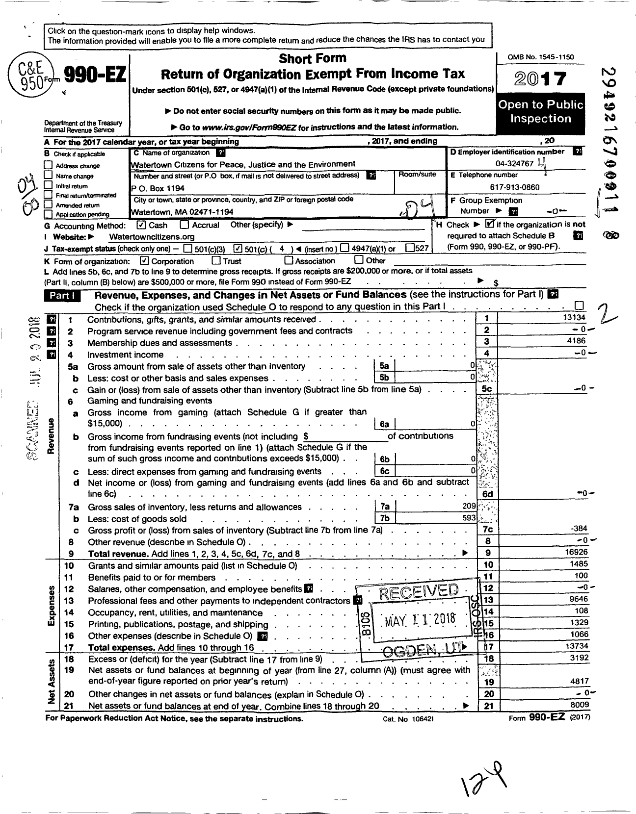 Image of first page of 2017 Form 990EO for Watertown Citizens for Peace Justice and the Environment