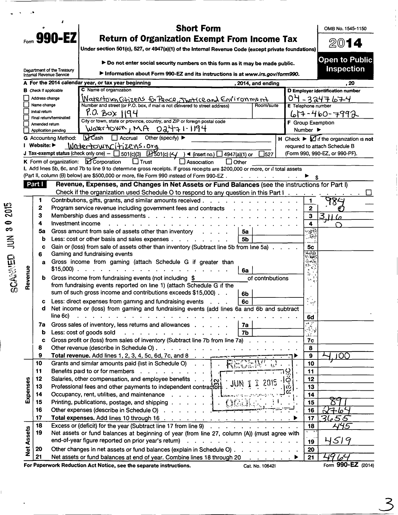 Image of first page of 2014 Form 990EO for Watertown Citizens for Peace Justice and the Environment