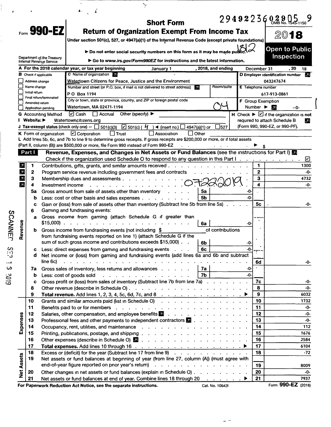 Image of first page of 2018 Form 990EO for Watertown Citizens for Peace Justice and the Environment