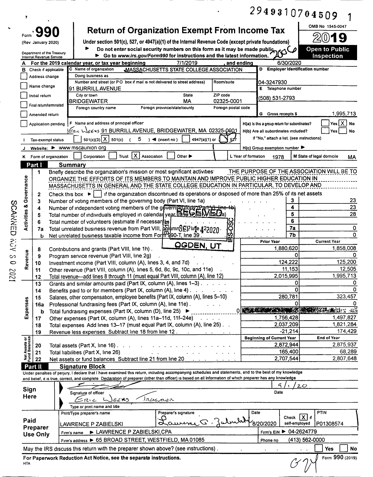 Image of first page of 2019 Form 990O for Massachusetts State College Association (MSCA)