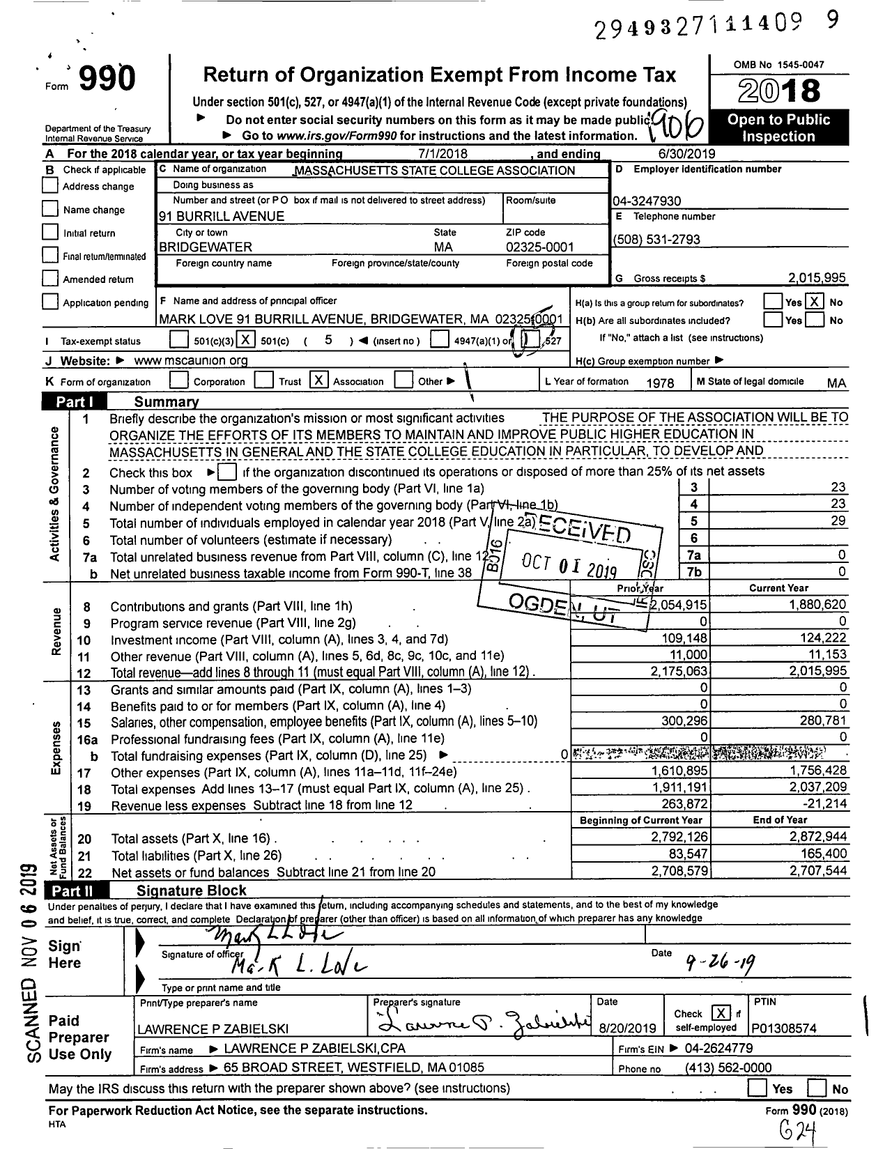 Image of first page of 2018 Form 990O for Massachusetts State College Association (MSCA)