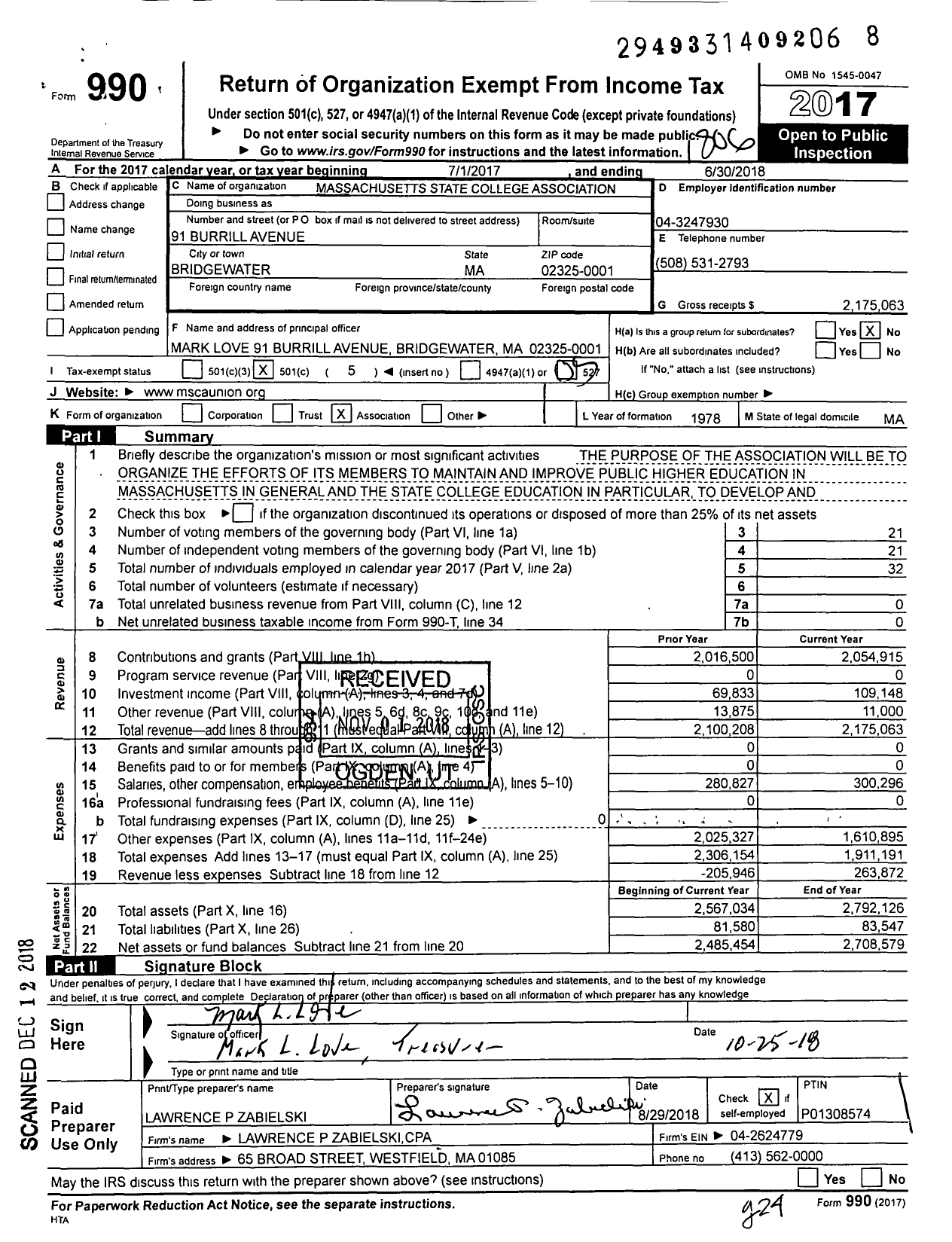 Image of first page of 2017 Form 990O for Massachusetts State College Association (MSCA)