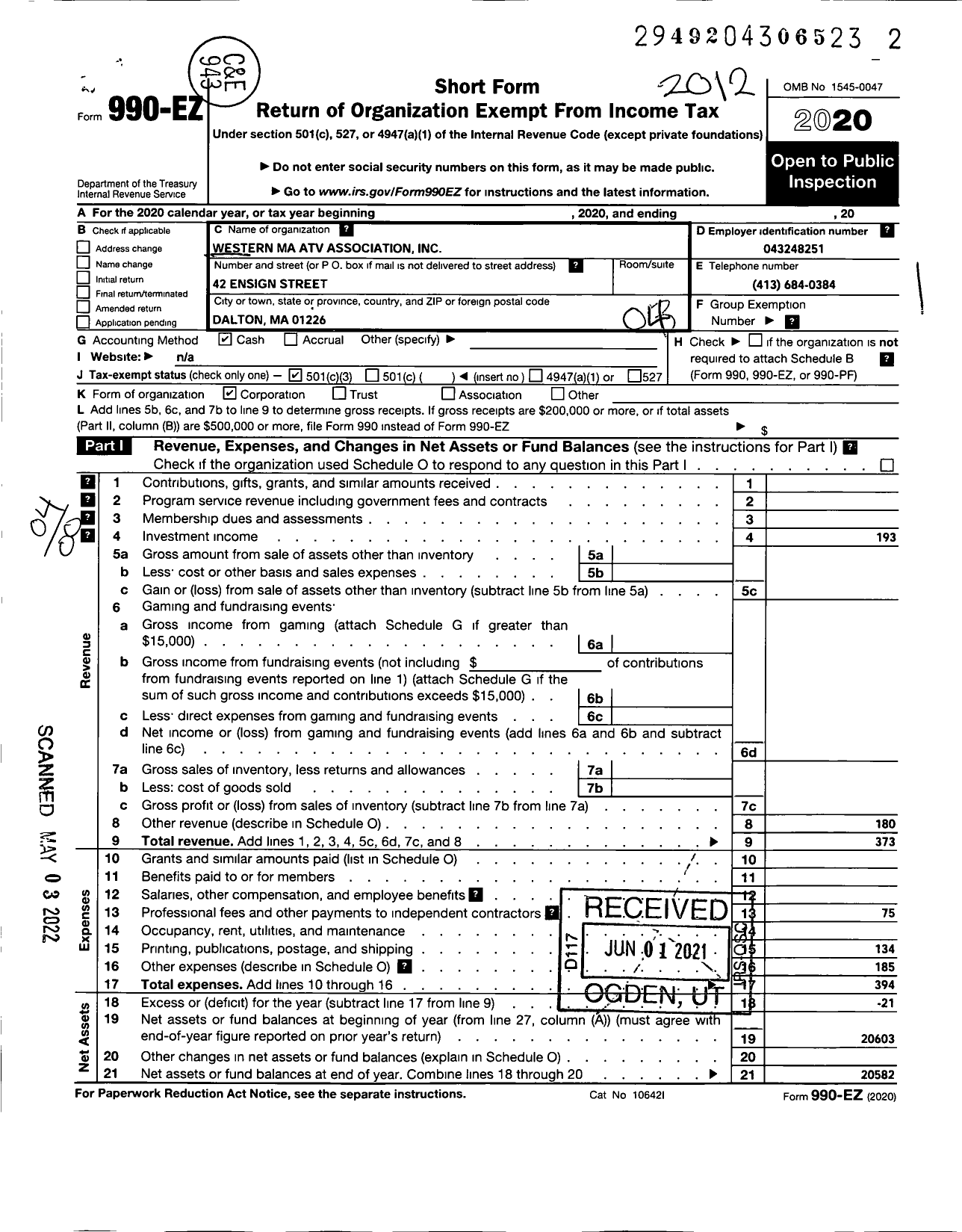 Image of first page of 2020 Form 990EO for Western Massachusetts Atv T V Association