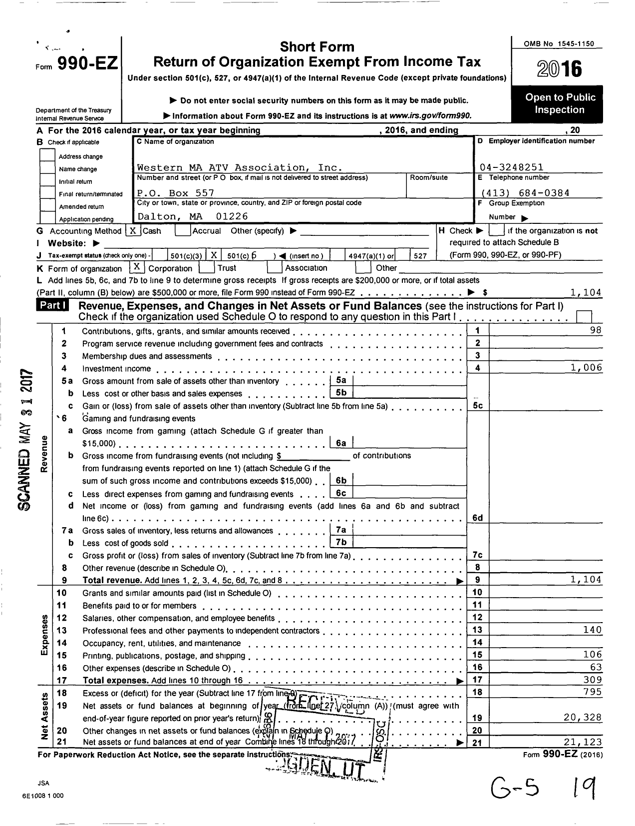 Image of first page of 2016 Form 990EO for Western Massachusetts Atv T V Association