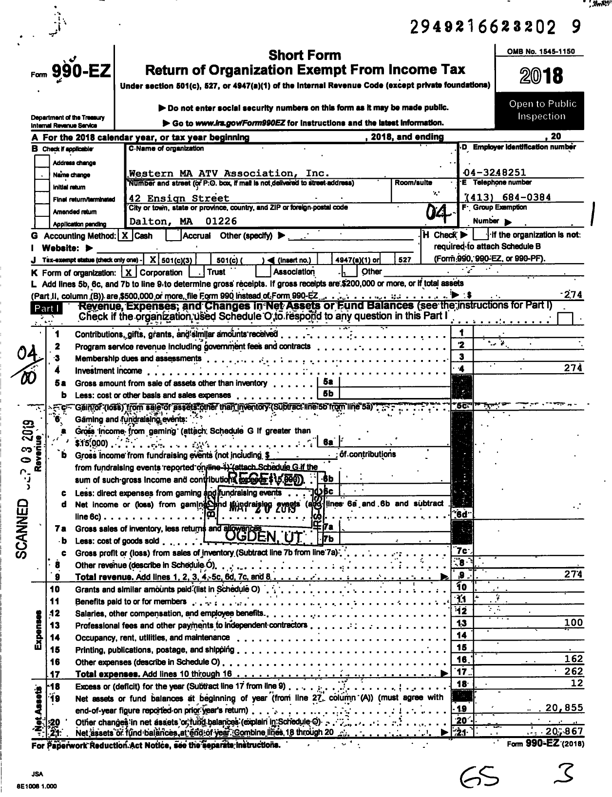 Image of first page of 2018 Form 990EO for Western Massachusetts Atv T V Association