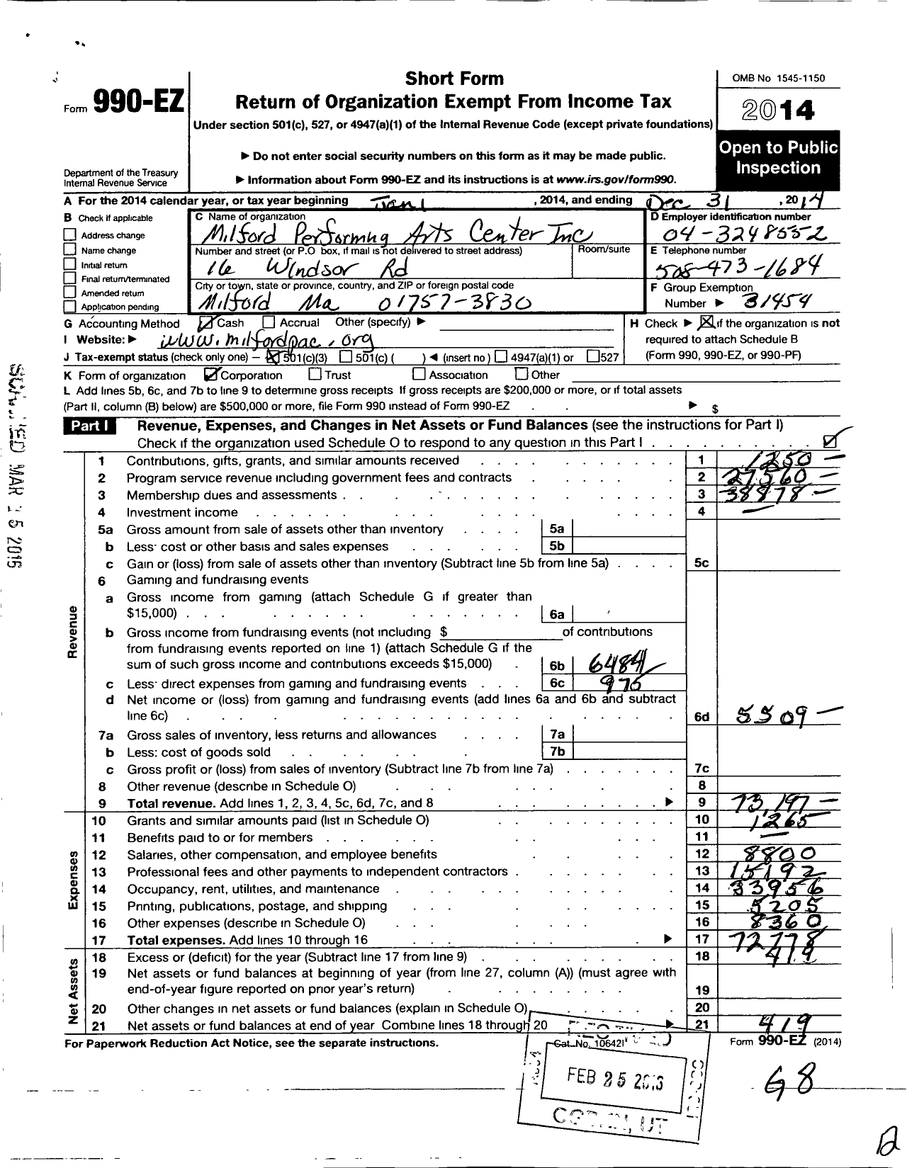 Image of first page of 2014 Form 990EZ for Milford Performing Arts Center