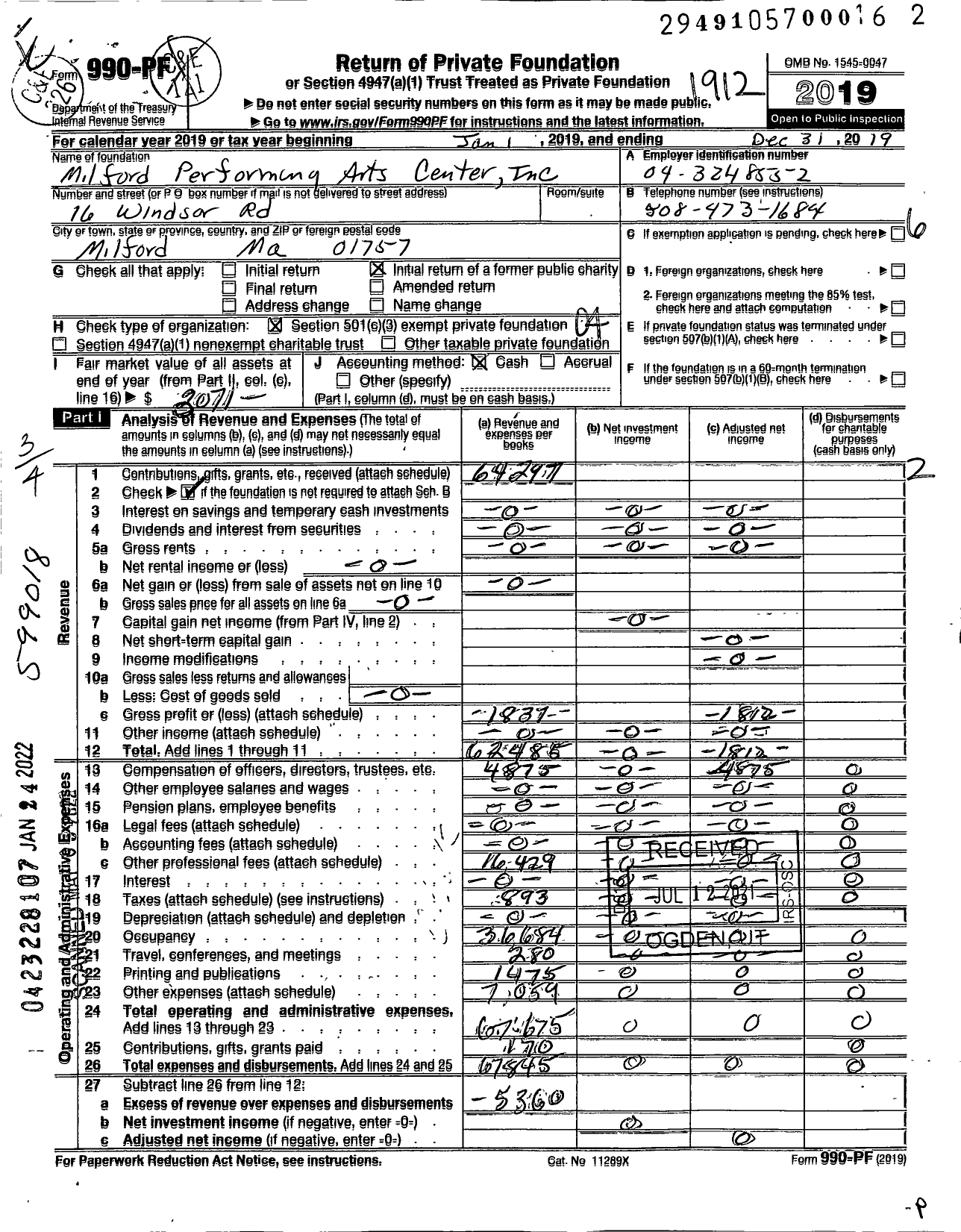 Image of first page of 2019 Form 990PF for Milford Performing Arts Center