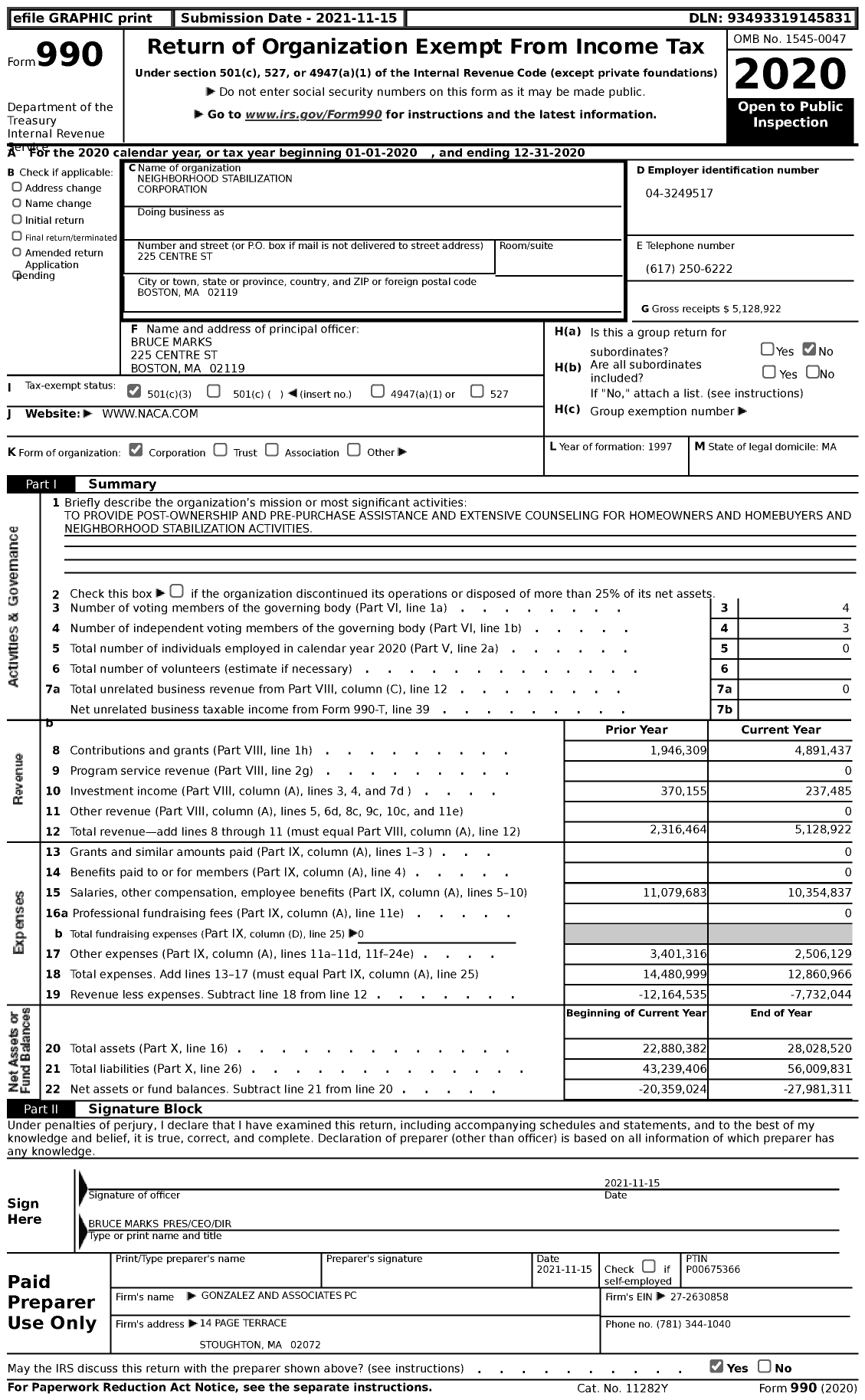 Image of first page of 2020 Form 990 for Neighborhood Stabilization Corporation (NACA)