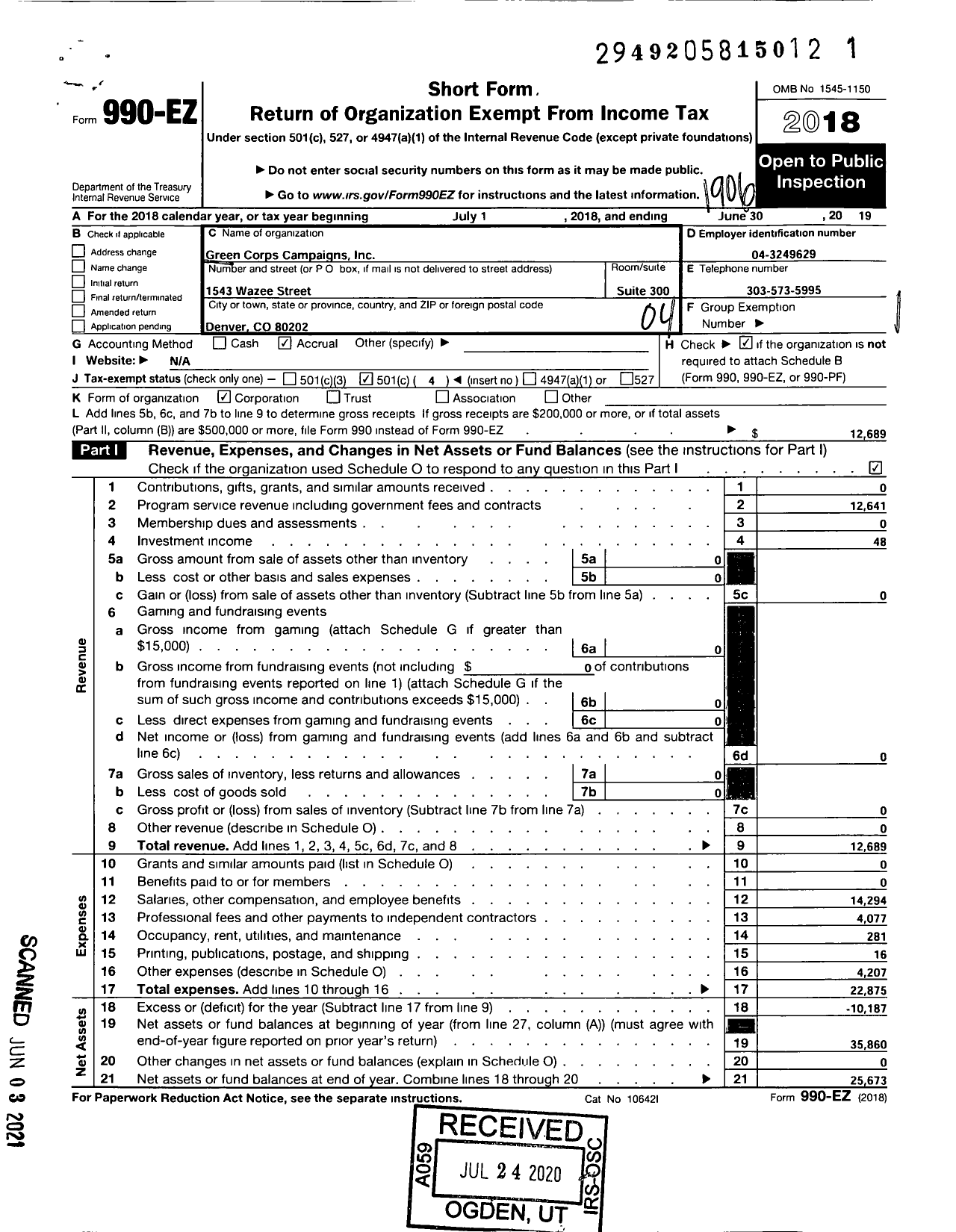 Image of first page of 2018 Form 990EO for Green Corps Campaigns