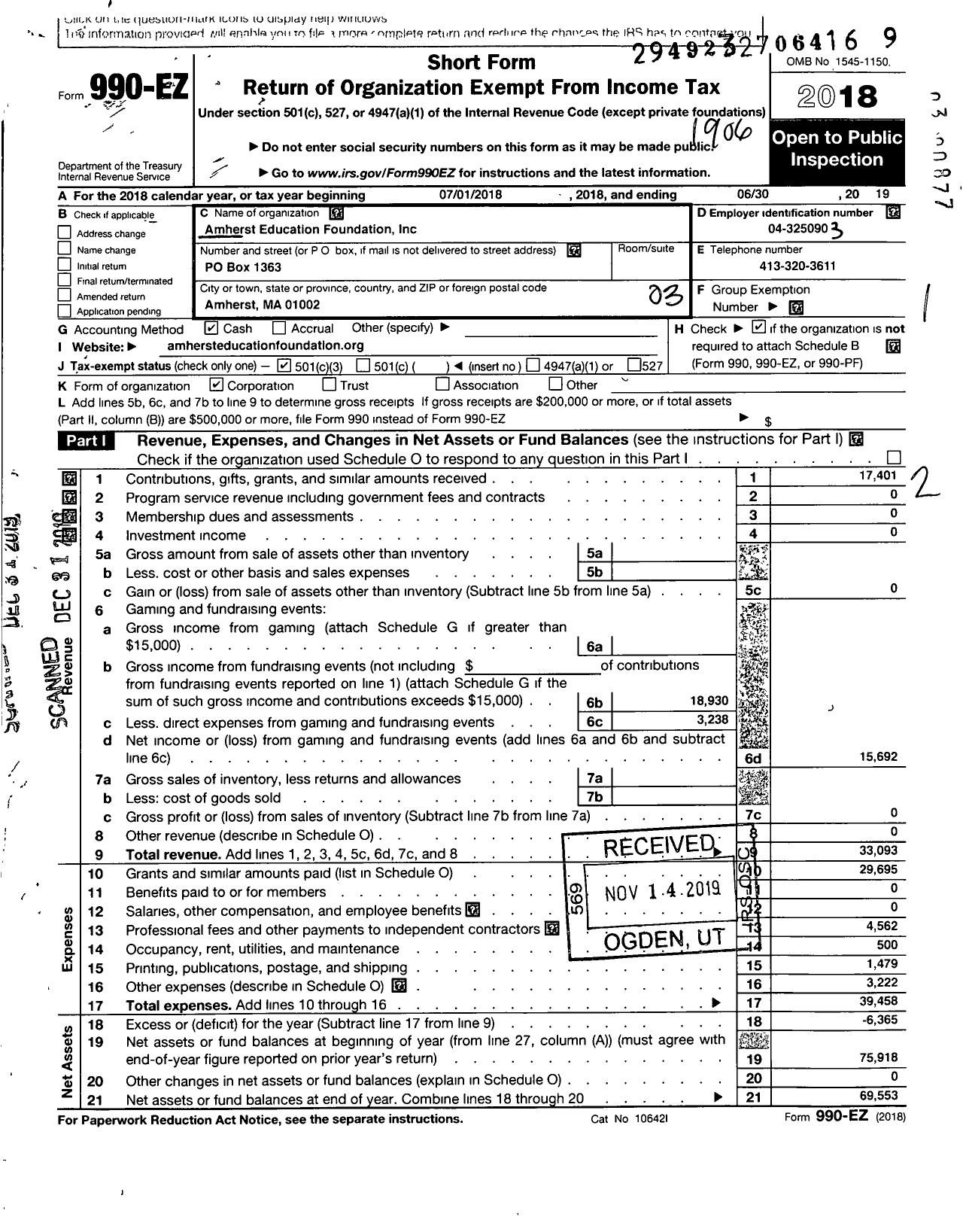 Image of first page of 2018 Form 990EZ for Amherst Education Foundation