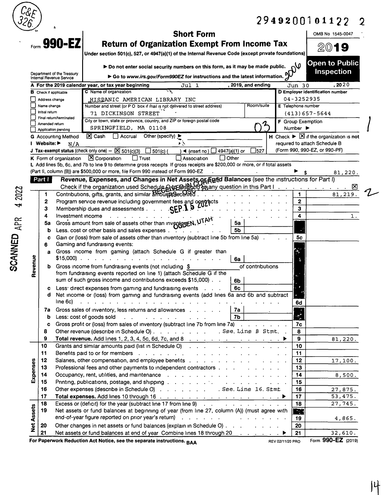 Image of first page of 2019 Form 990EZ for Hispanic American Library