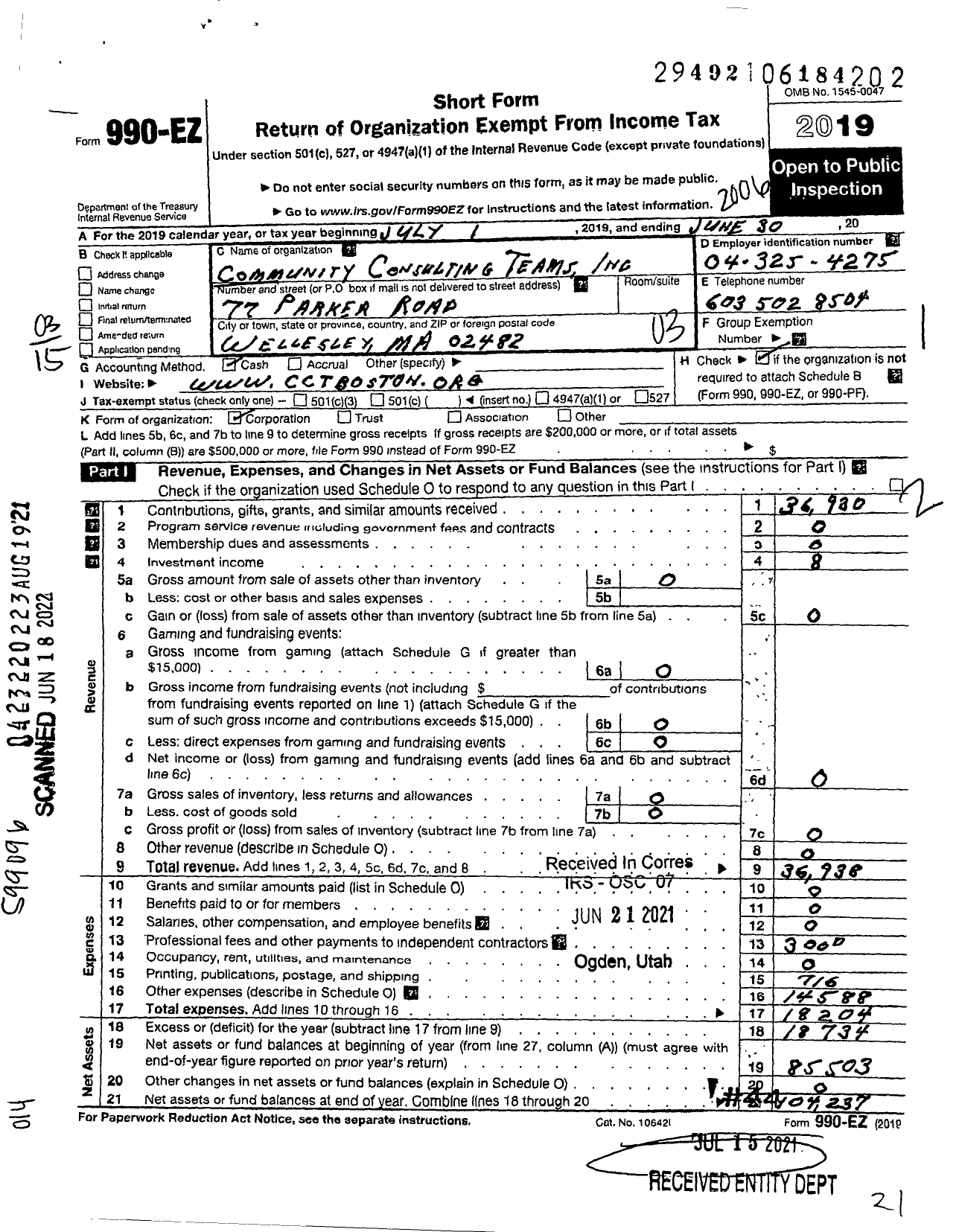 Image of first page of 2019 Form 990EZ for Community Consulting Teams