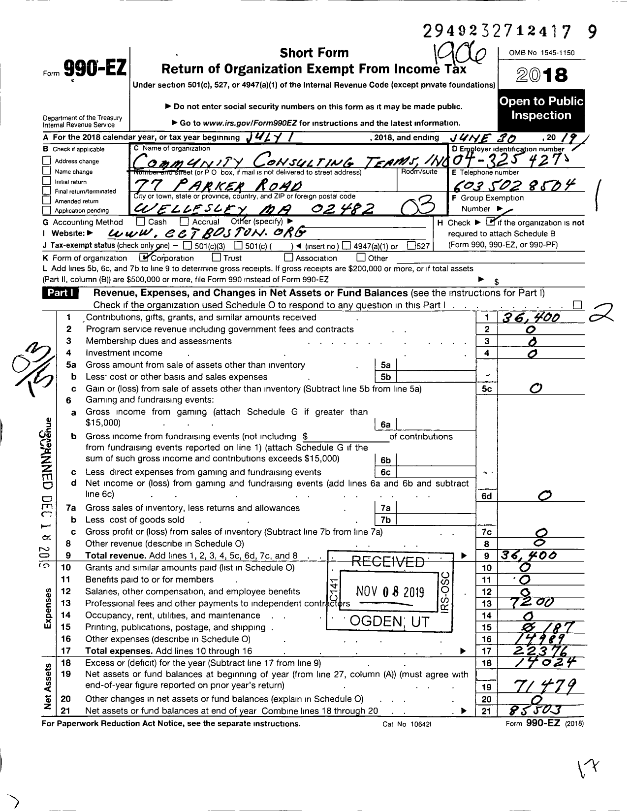 Image of first page of 2018 Form 990EZ for Community Consulting Teams