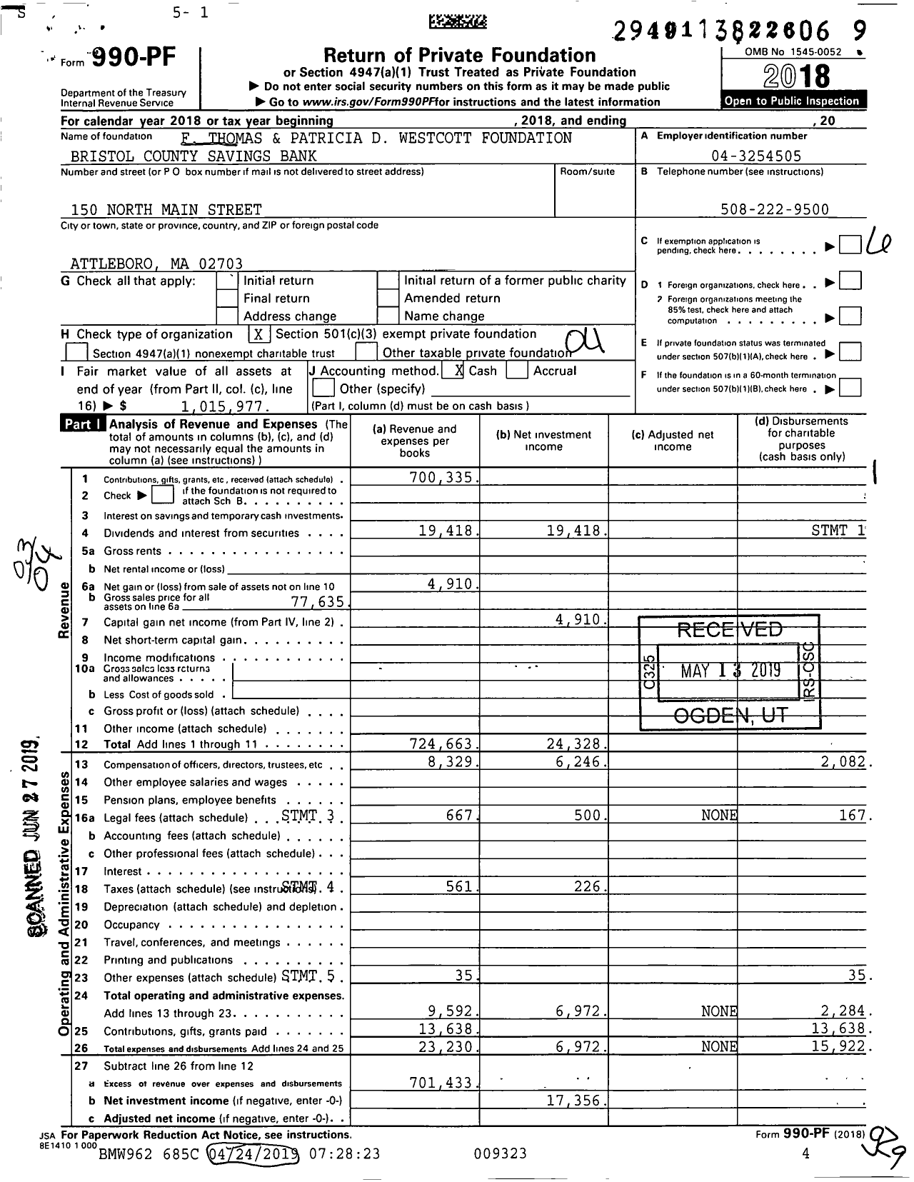 Image of first page of 2018 Form 990PF for F Thomas and Patricia D Westcott Foundation