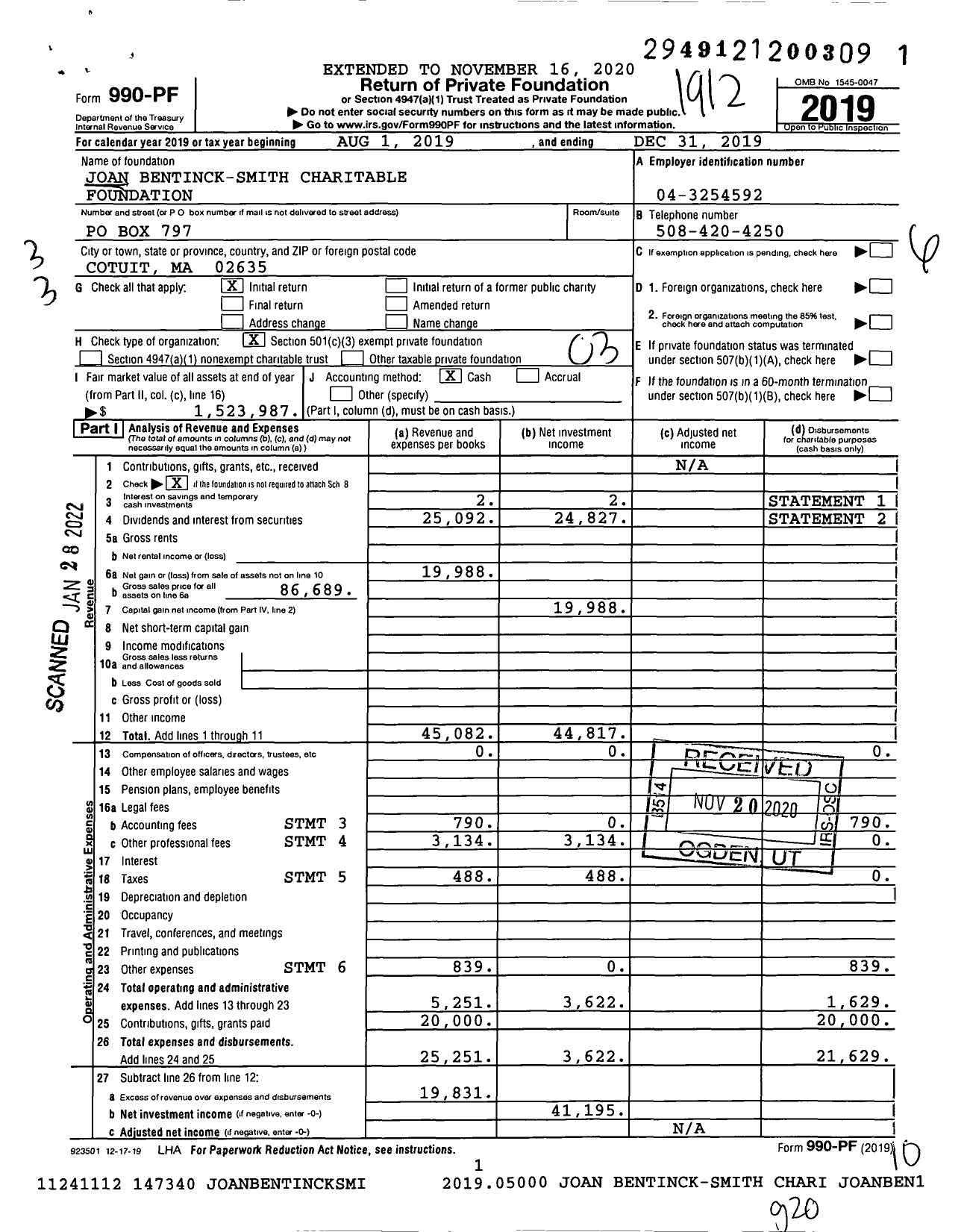 Image of first page of 2019 Form 990PF for Joan Bentinck-Smith Charitable Foundation