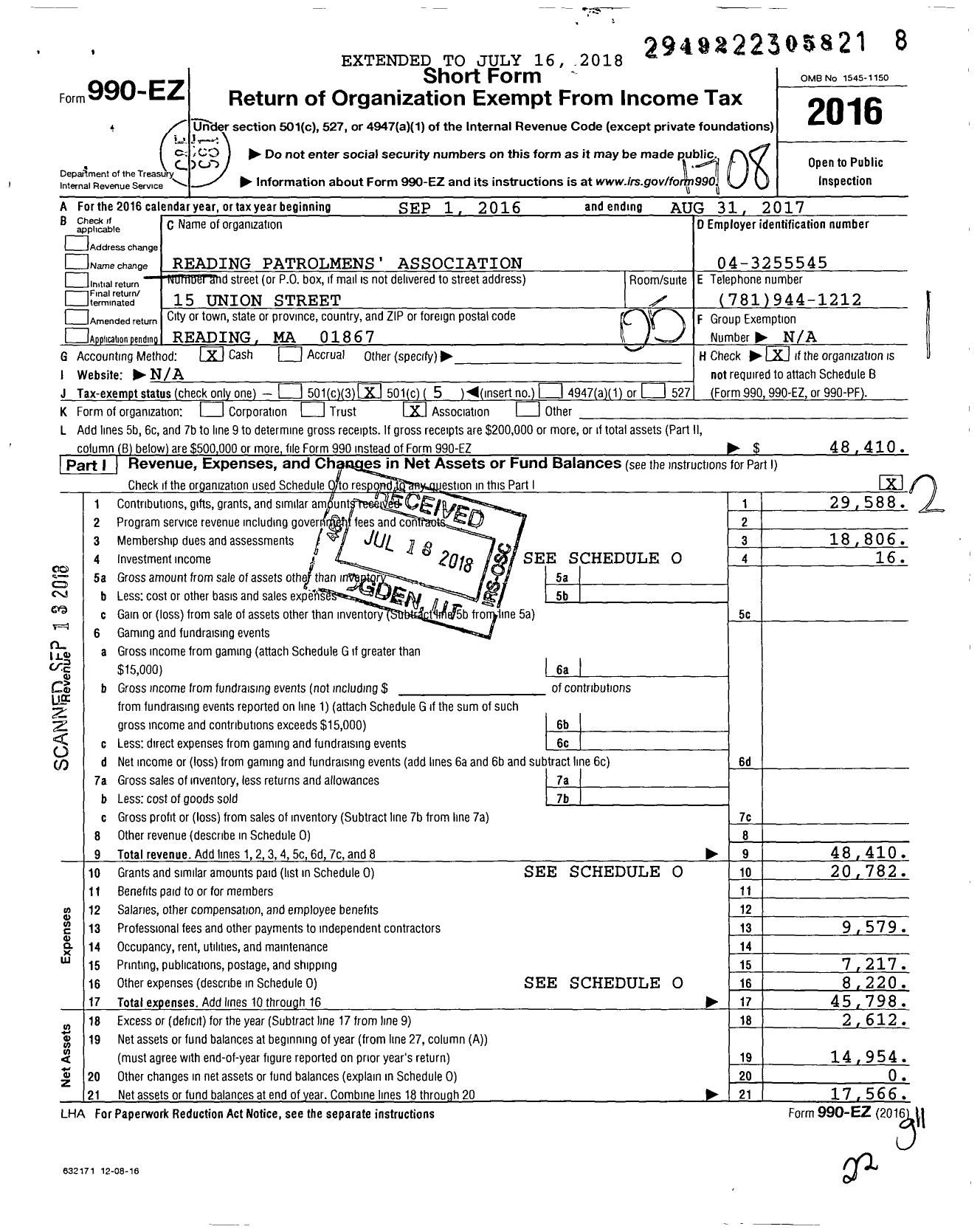 Image of first page of 2016 Form 990EO for Reading Patrolmens Association