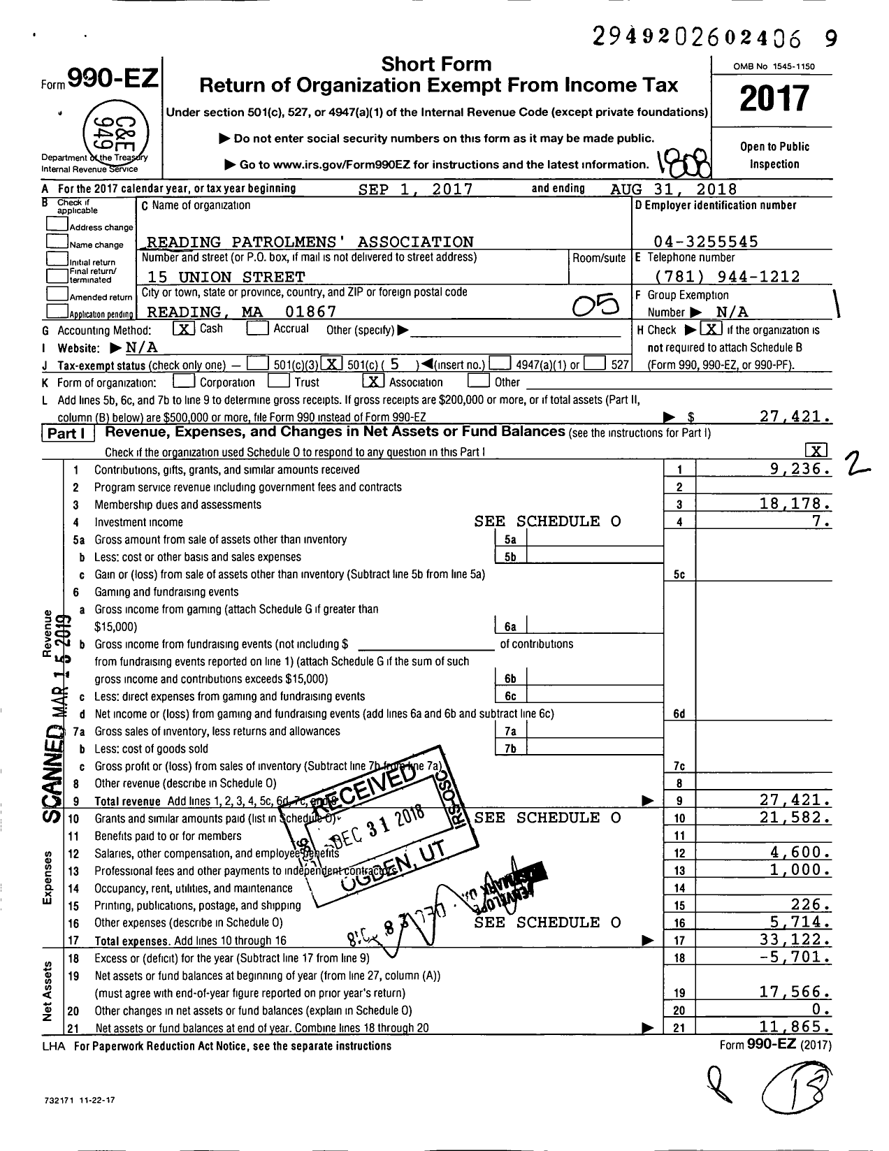 Image of first page of 2017 Form 990EO for Reading Patrolmens Association