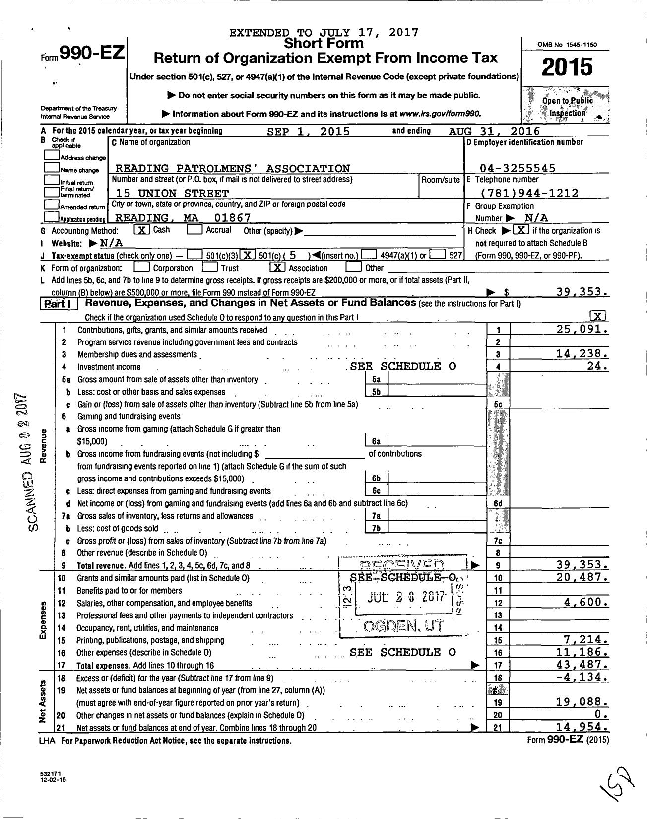 Image of first page of 2015 Form 990EO for Reading Patrolmens Association